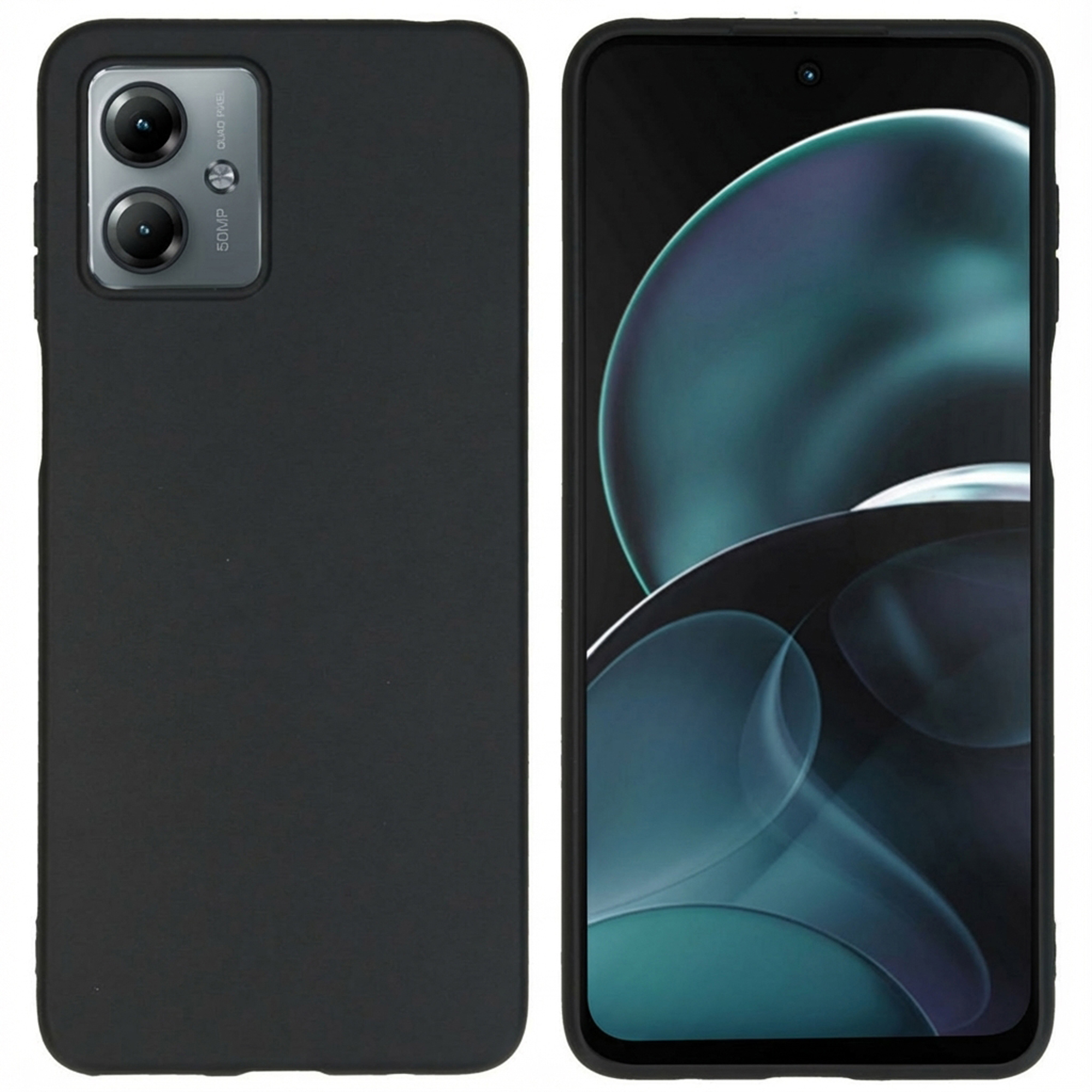 Téléphone noir avec double objectif arrière et fond d'écran abstrait.