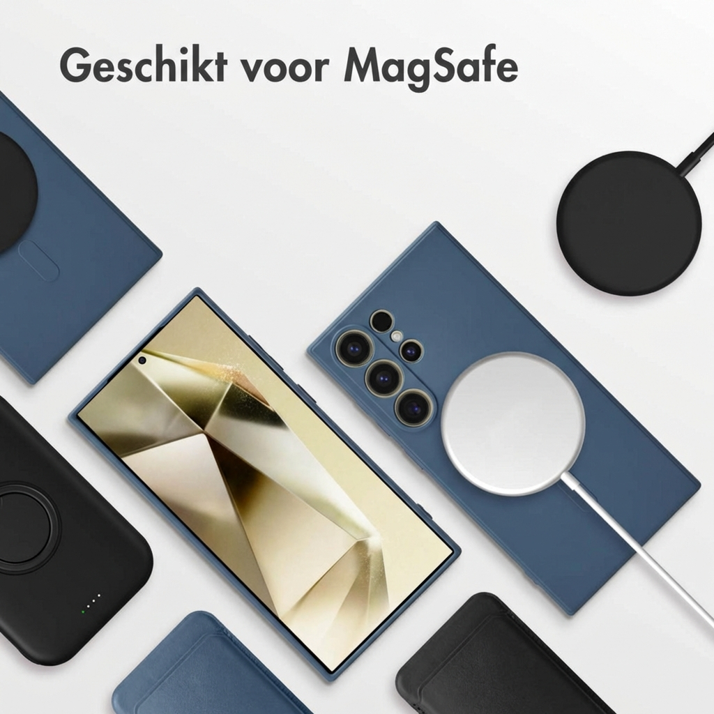 Un smartphone avec chargeur MagSafe et étuis bleus et noirs.