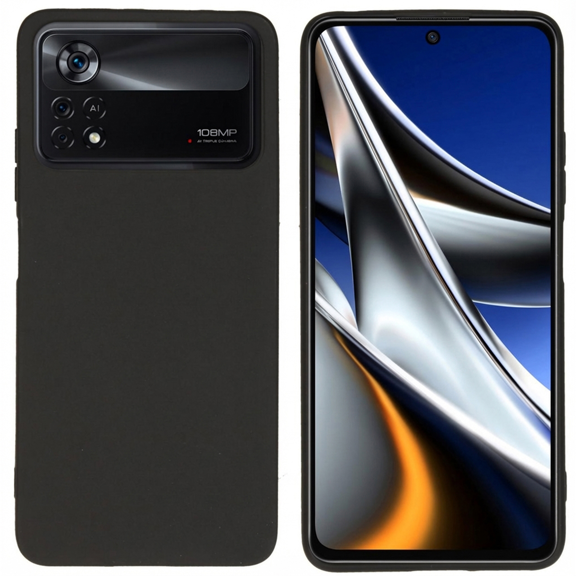 Een zwarte smartphone met vier camera's achteraan en een schermvullend display.