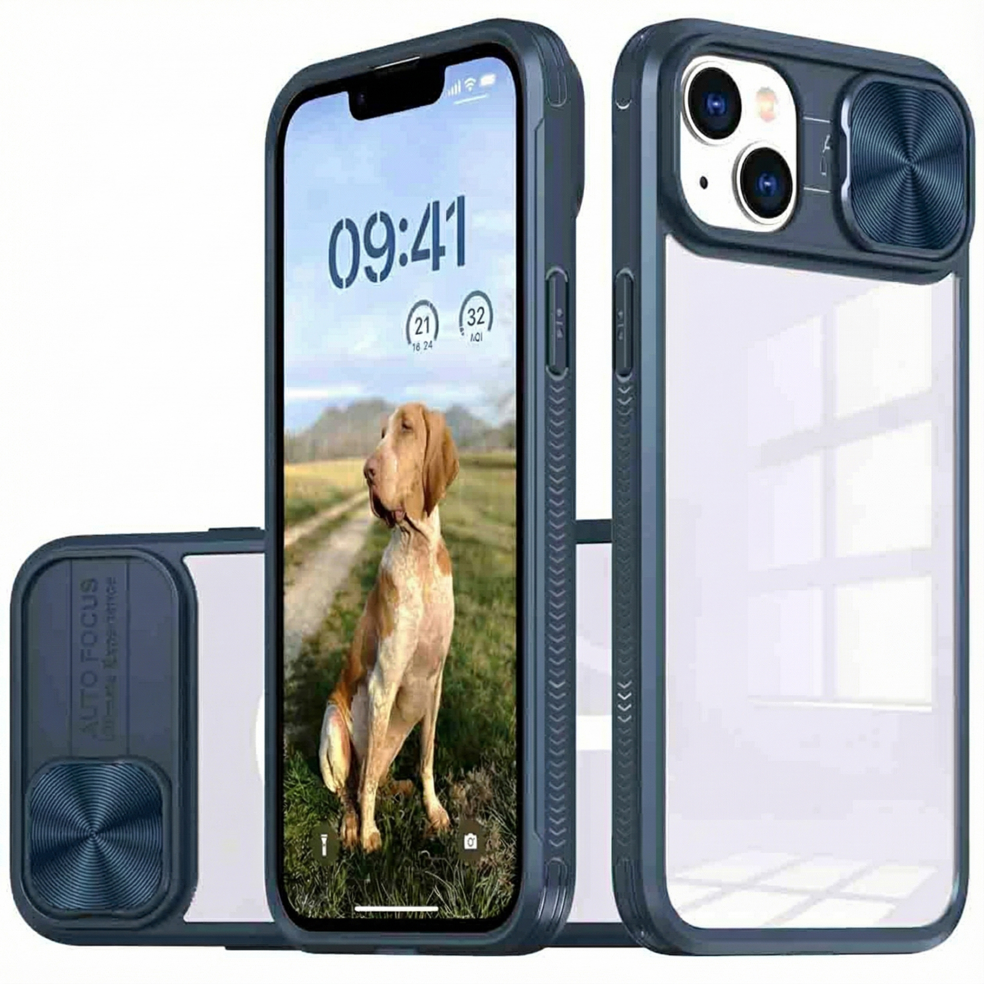 Drie donkergrijze telefoonhoesjes: één met hondenscherm, één met camera, één doorzichtig.