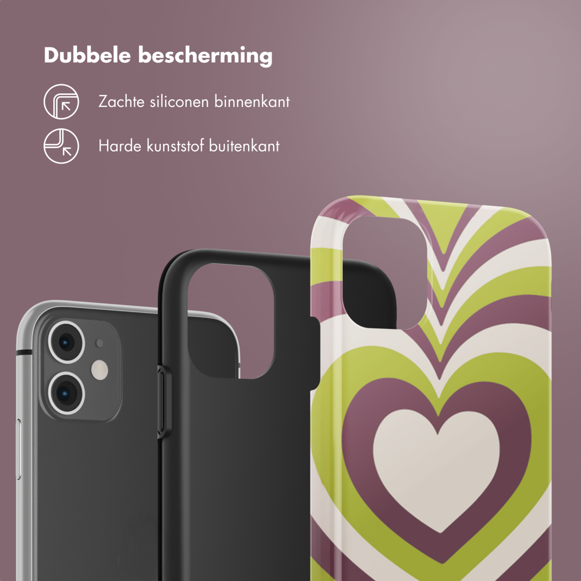 Drie telefoonhoesjes: doorzichtig, zwart en een met hartjespatroon.