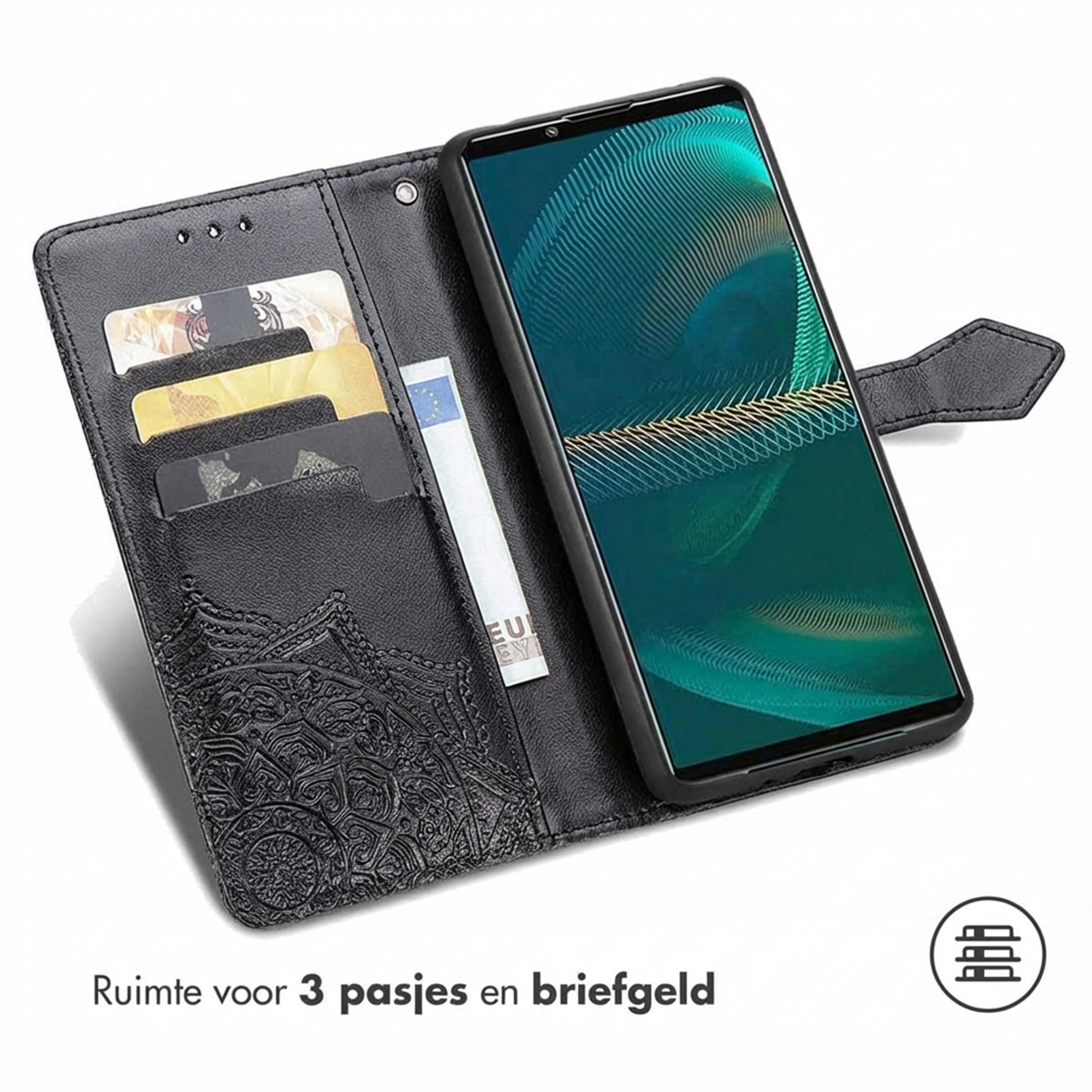 Portefeuille noir pour téléphone avec fentes pour cartes et un billet en euros.