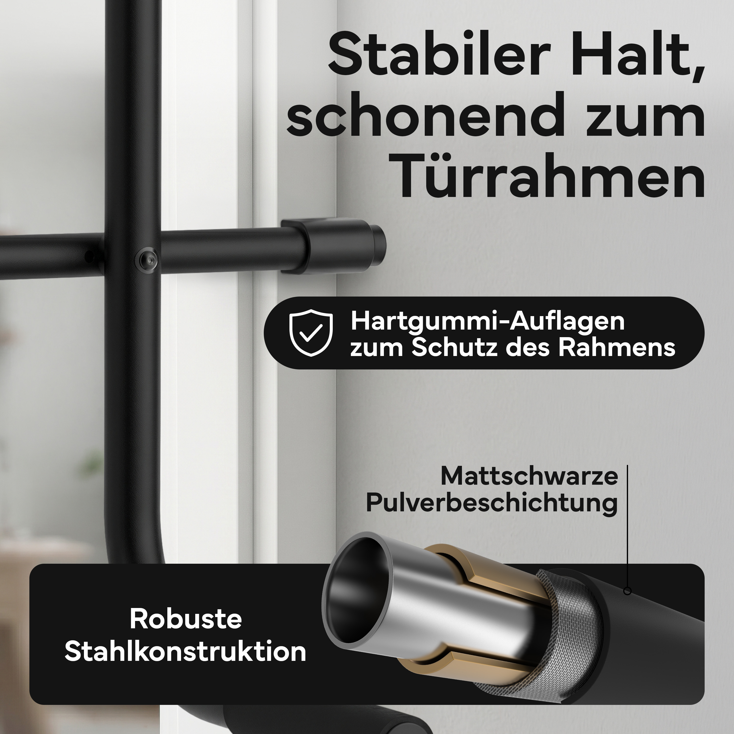 Schwarzer Türgriff mit Beschreibung von Schutz und Material.