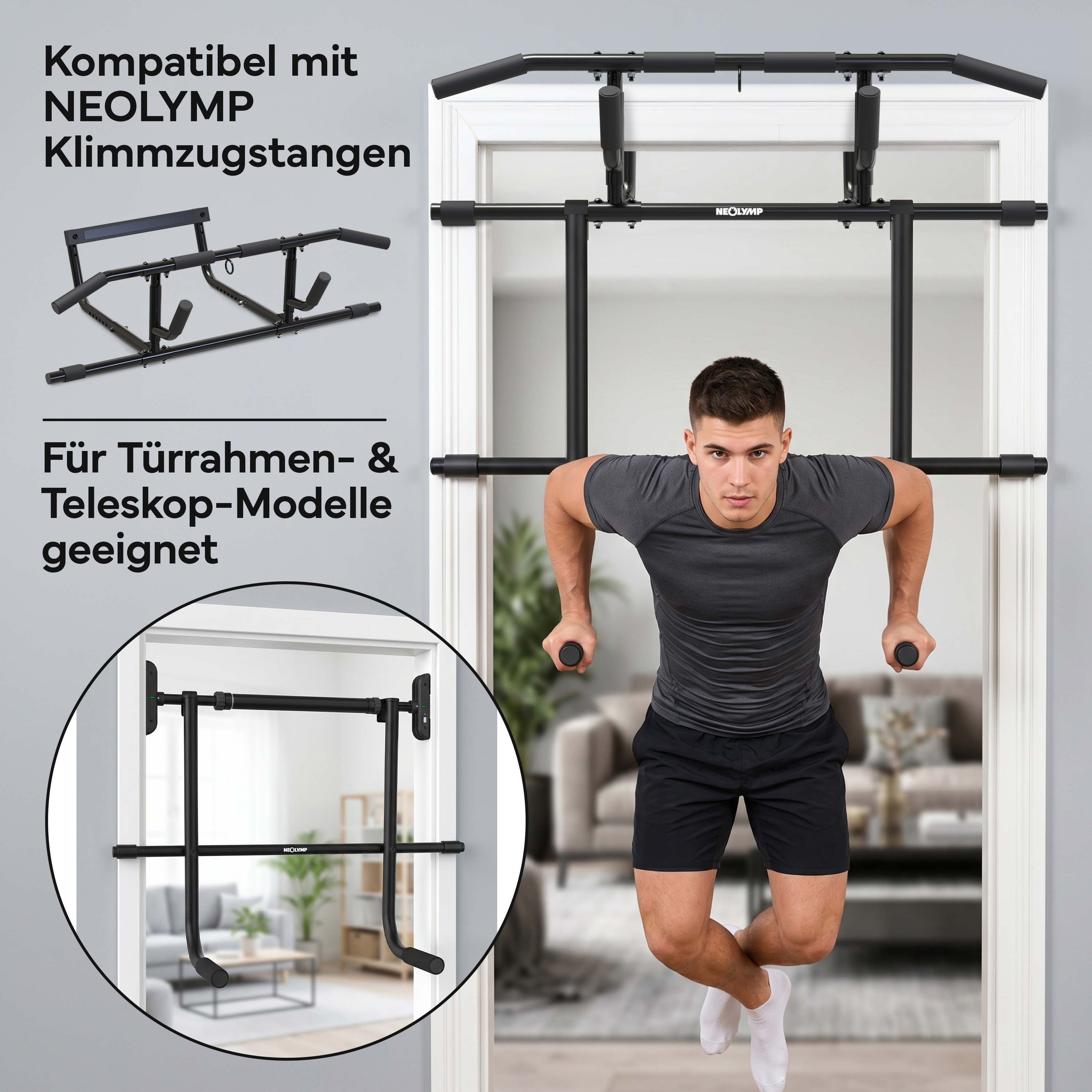 Ein Mann macht Dips an einer schwarzen Klimmzugstange, die in einem Türrahmen montiert ist.