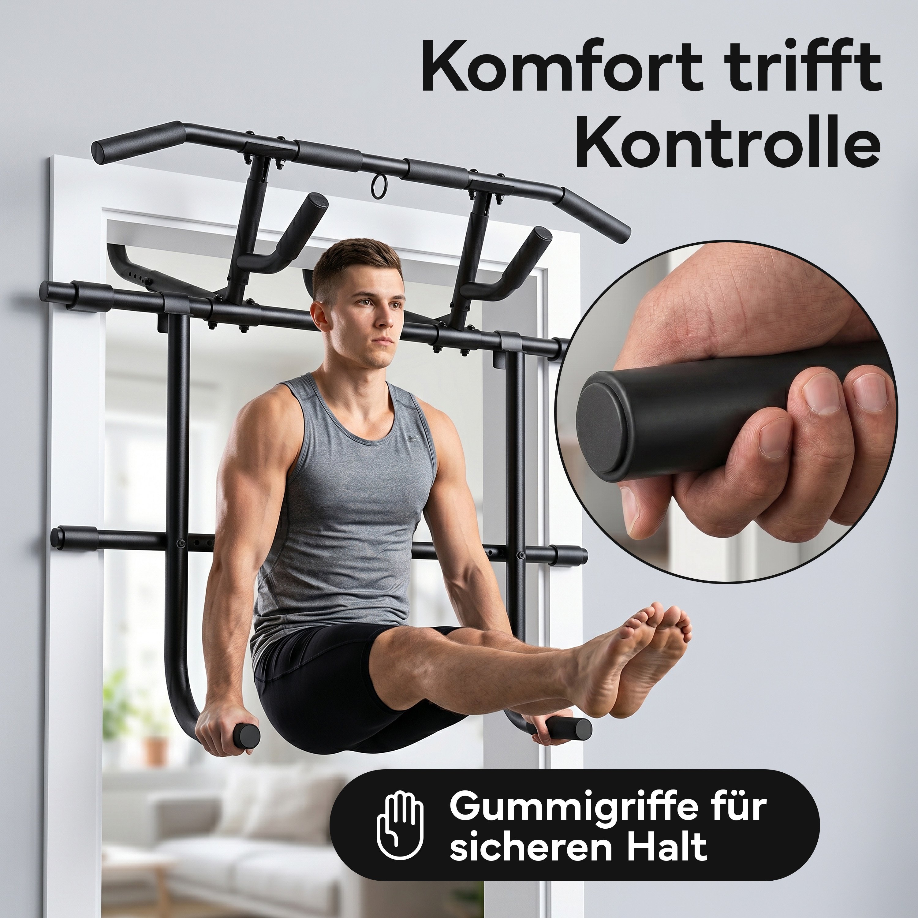 Ein Mann macht Klimmzüge an einem schwarzen Türreck mit Gummigriffen.