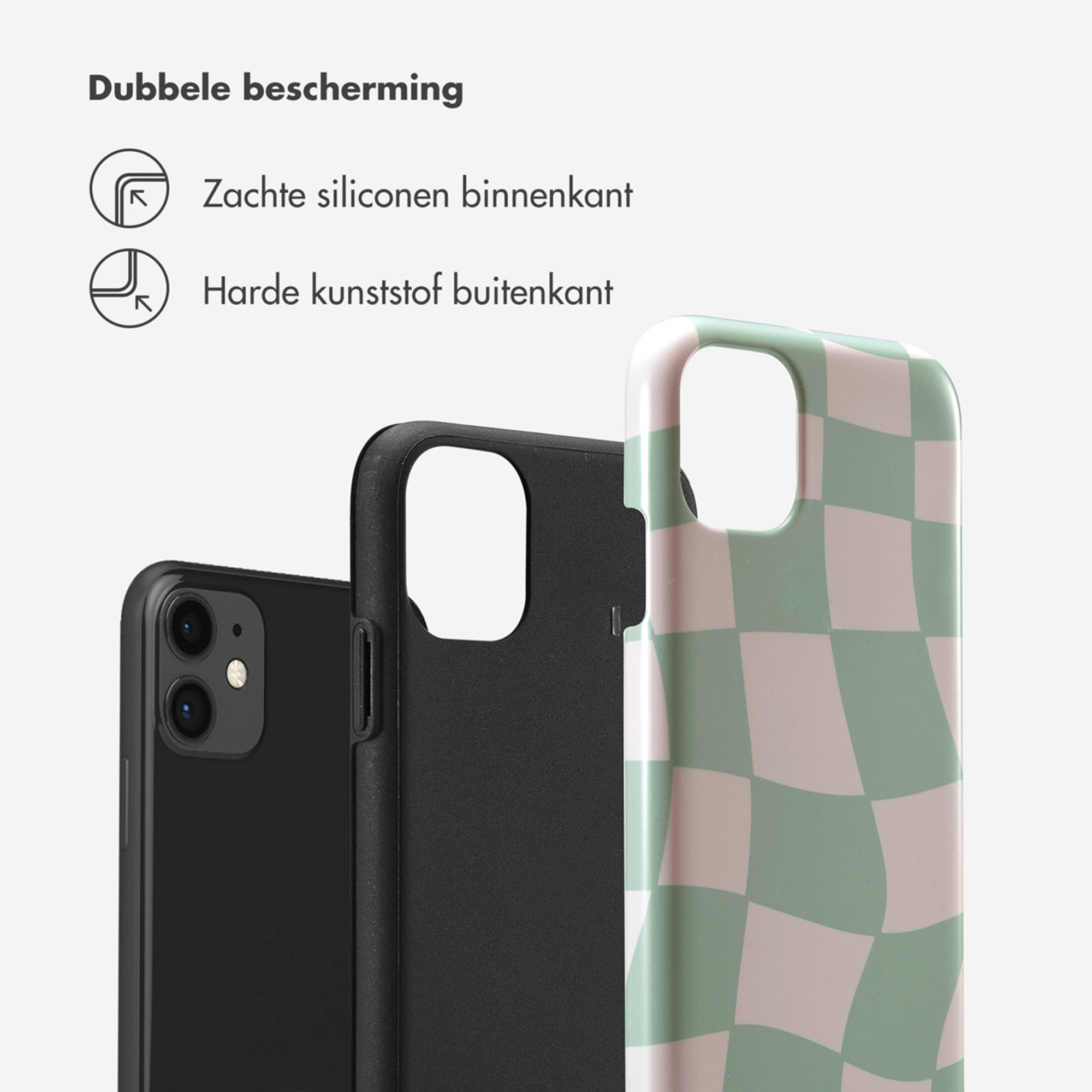 Trois coques de téléphone : noires, noires à motifs et à carreaux.