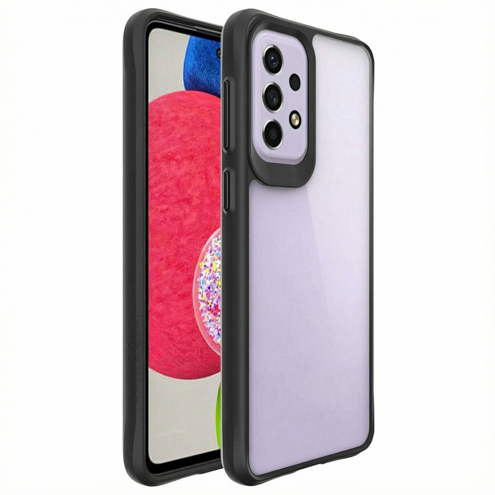 Une coque de téléphone noire à dos transparent montre un graphique de fond coloré.
