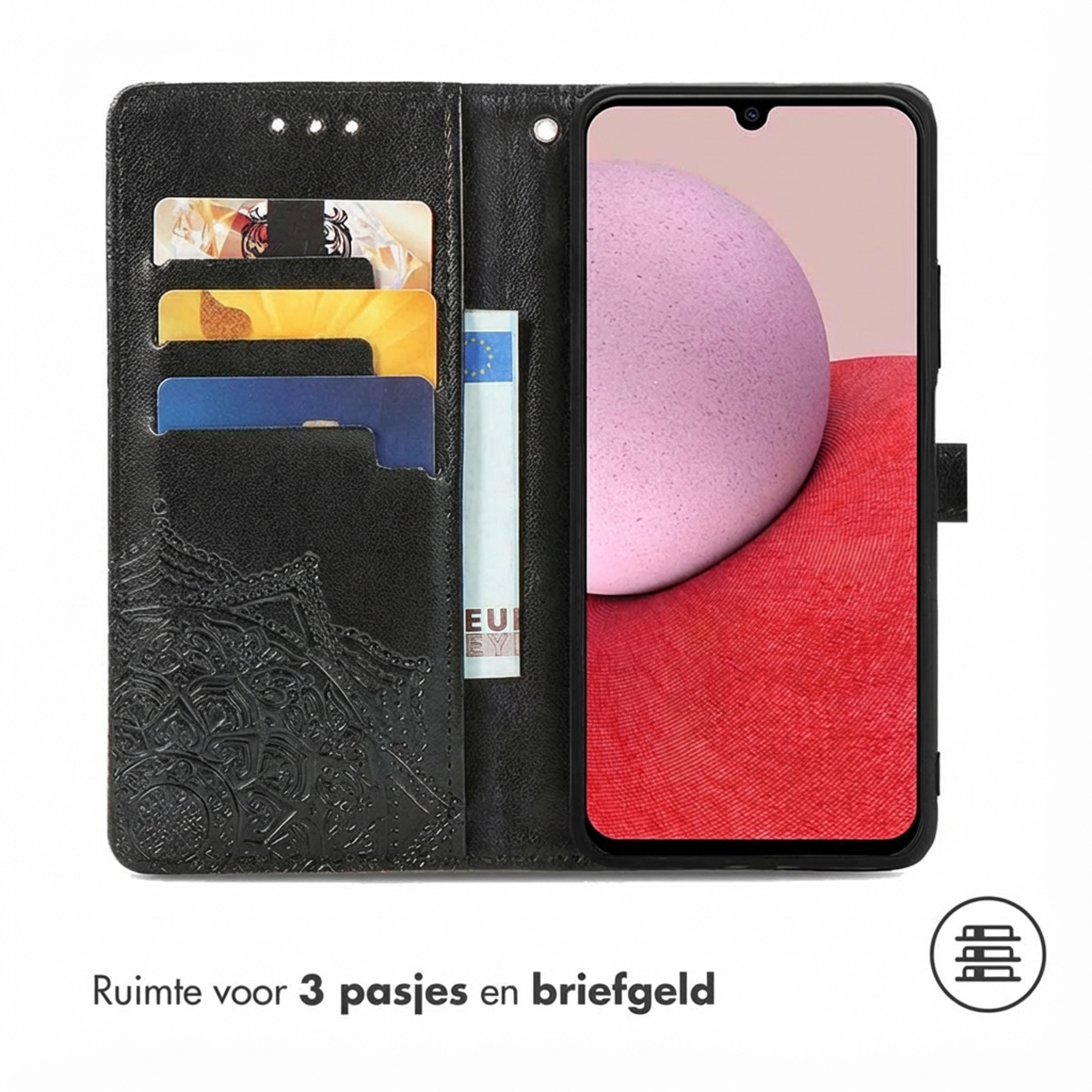 Zwart telefoonhoesje met kaarthouders en geldvak. Toont telefoon.