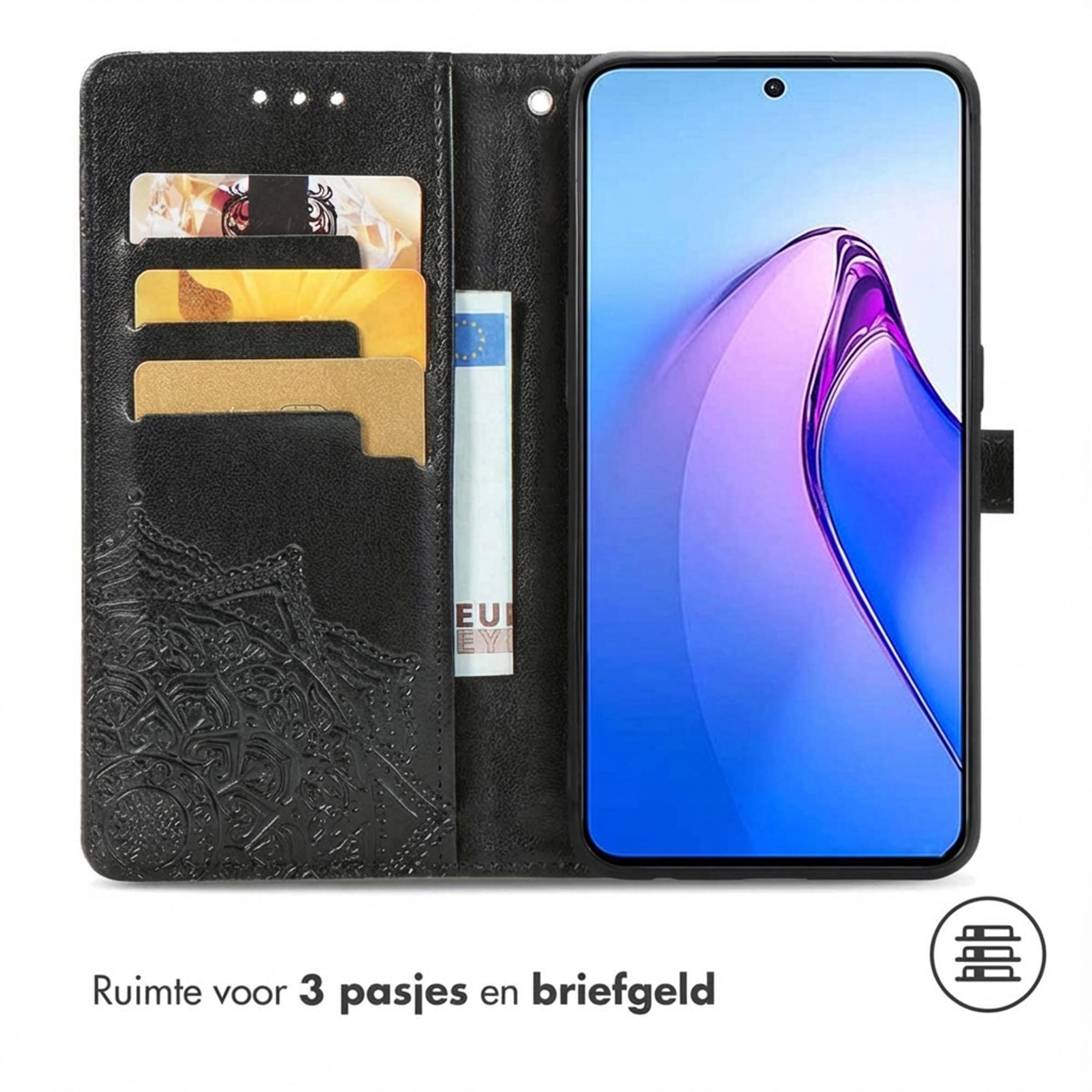 Coque de téléphone noire avec fentes pour cartes et poche à billets. Téléphone avec écran bleu.