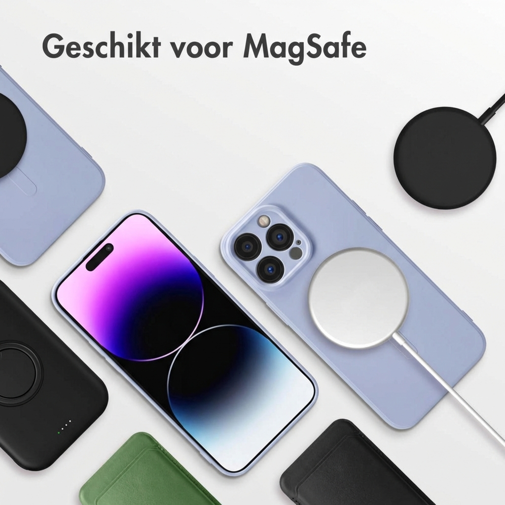 Meerdere iPhones en MagSafe-laders op witte achtergrond.