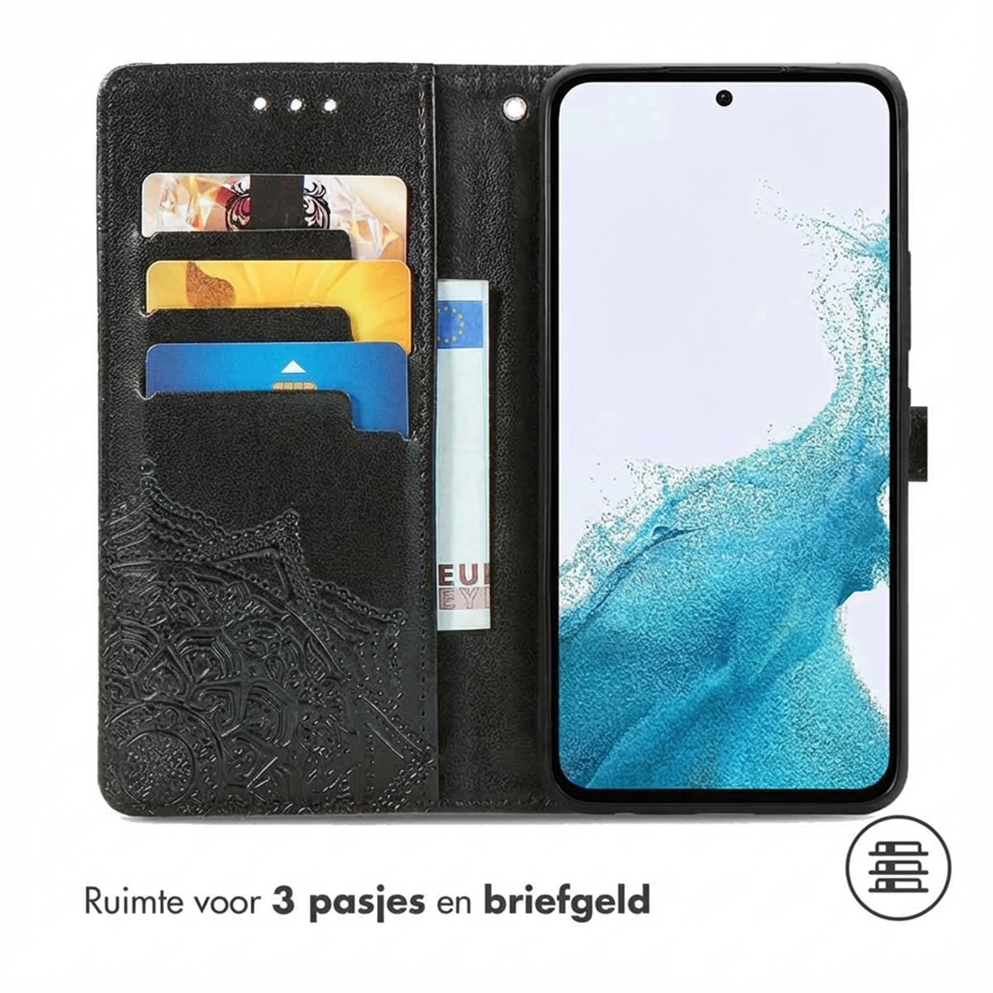 Schwarze Handyhülle mit Kartenfächern und Geldscheinfach, zeigt ein Smartphone.