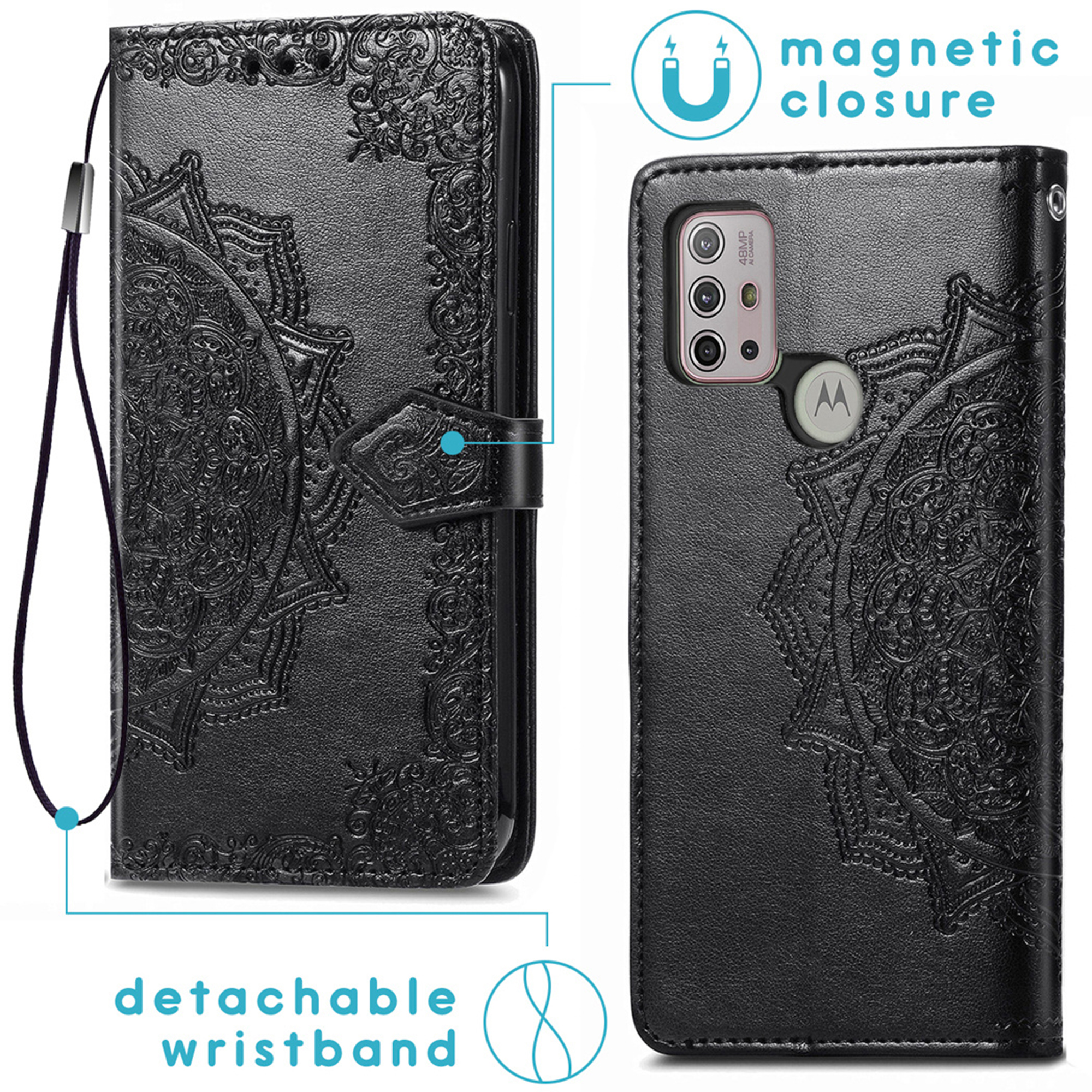 Custodia in pelle nera con design mandala in rilievo, cinturino e chiusura magnetica.
