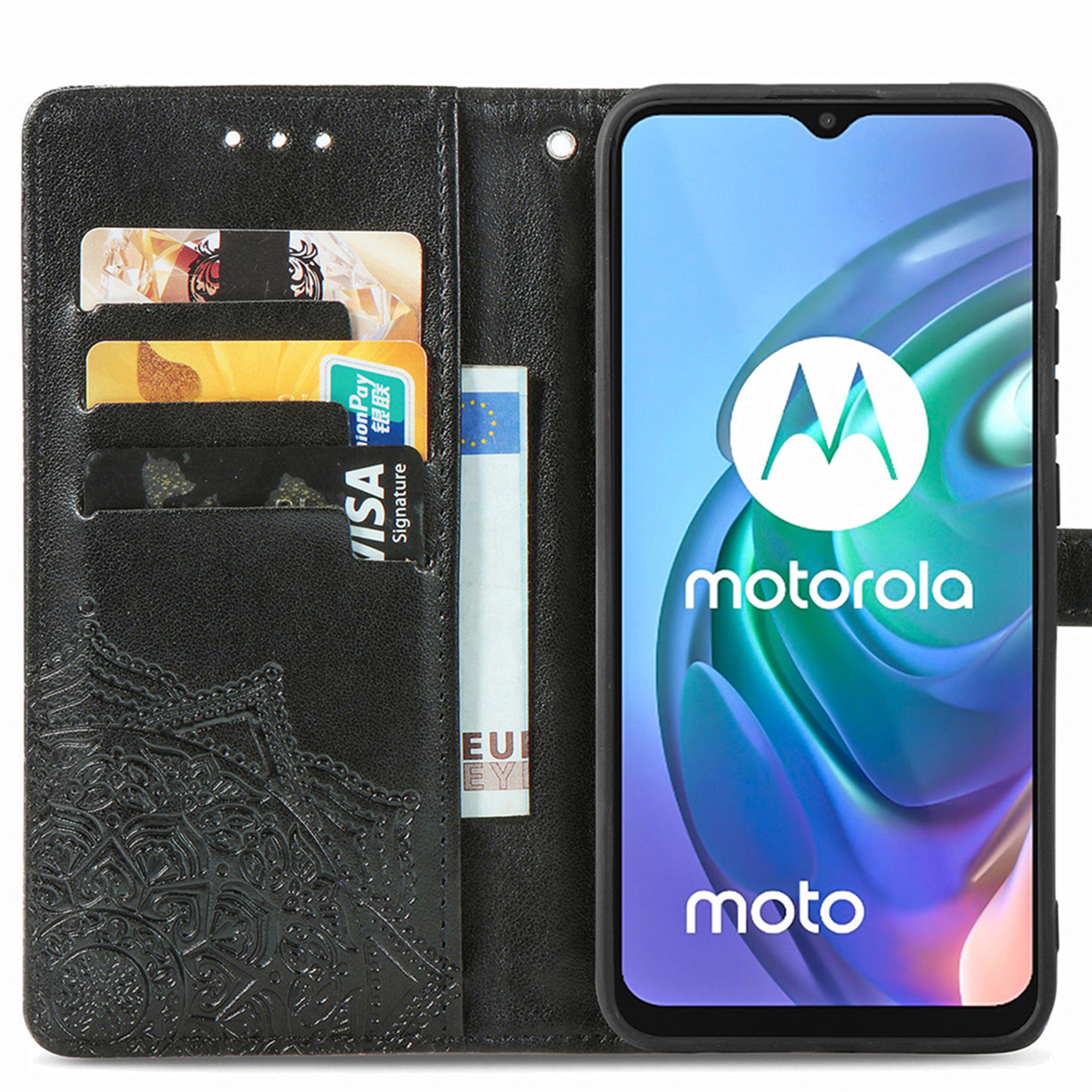 Una custodia per telefono nera con slot per carte e un telefono Motorola.