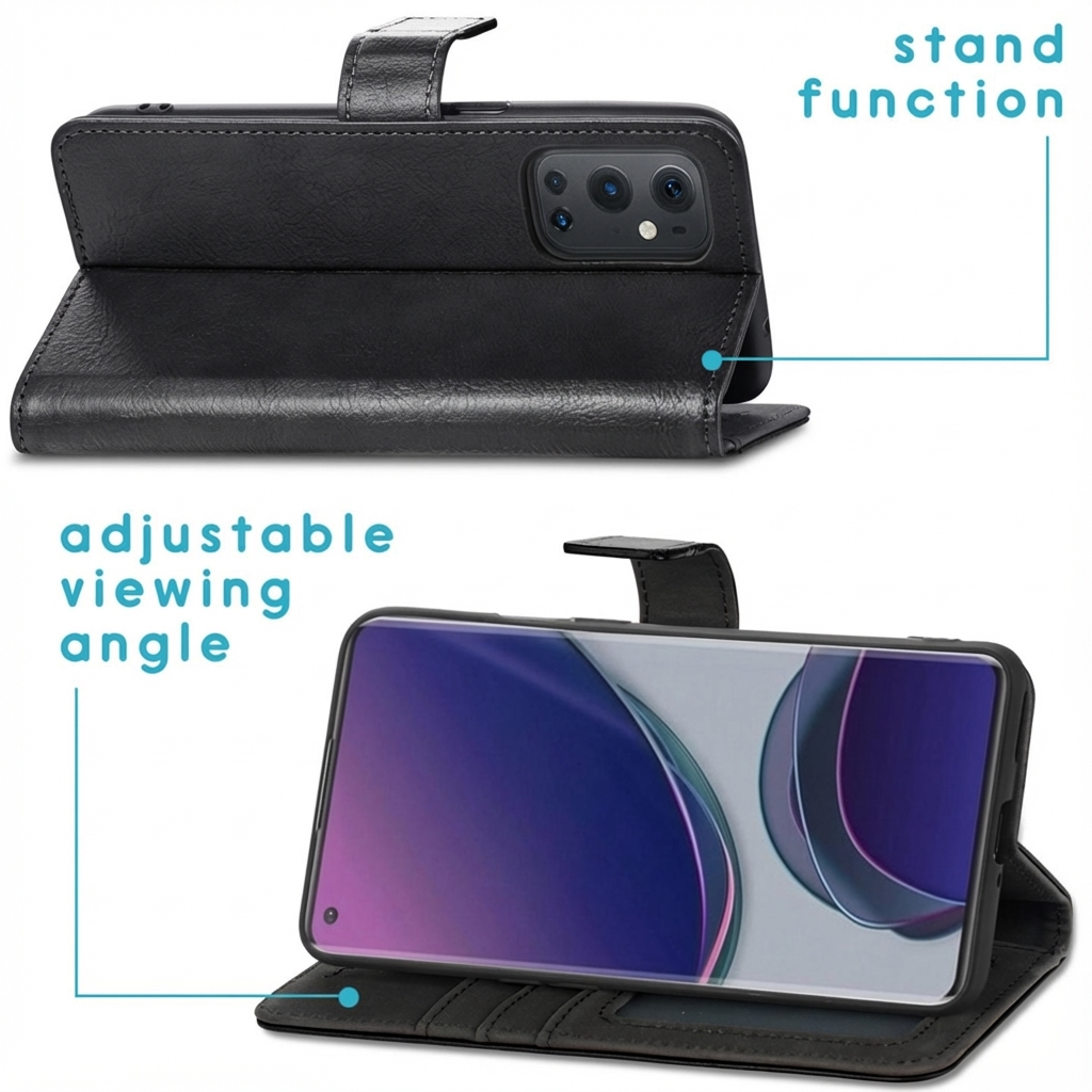 Étui en cuir noir pour téléphone avec fonction support et angle de vision réglable.
