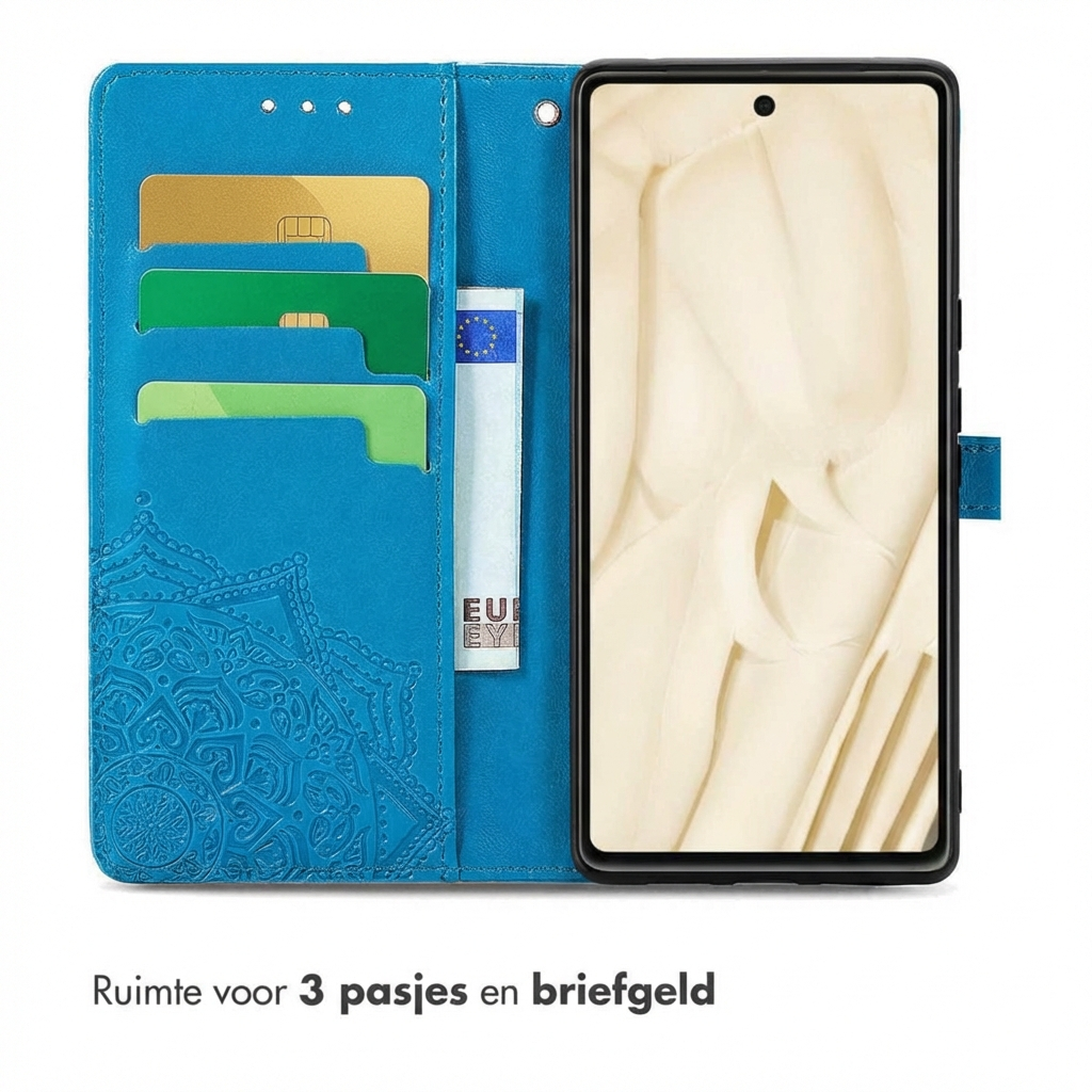 Blaue Handyhülle mit Kartenfächern und Geldscheinfach, Mandala-Prägung.