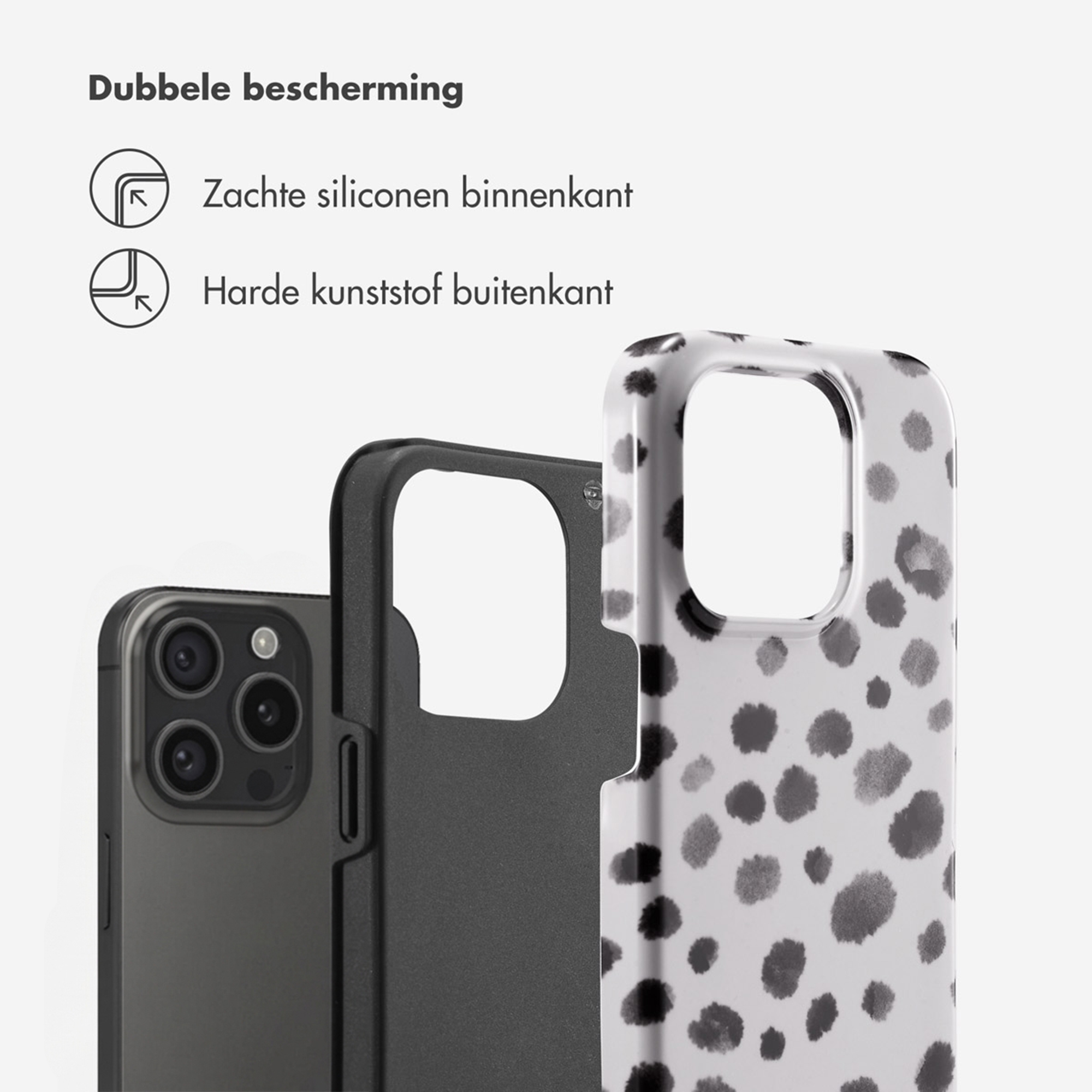 Un iPhone avec une coque de protection à pois, montrant deux couches.