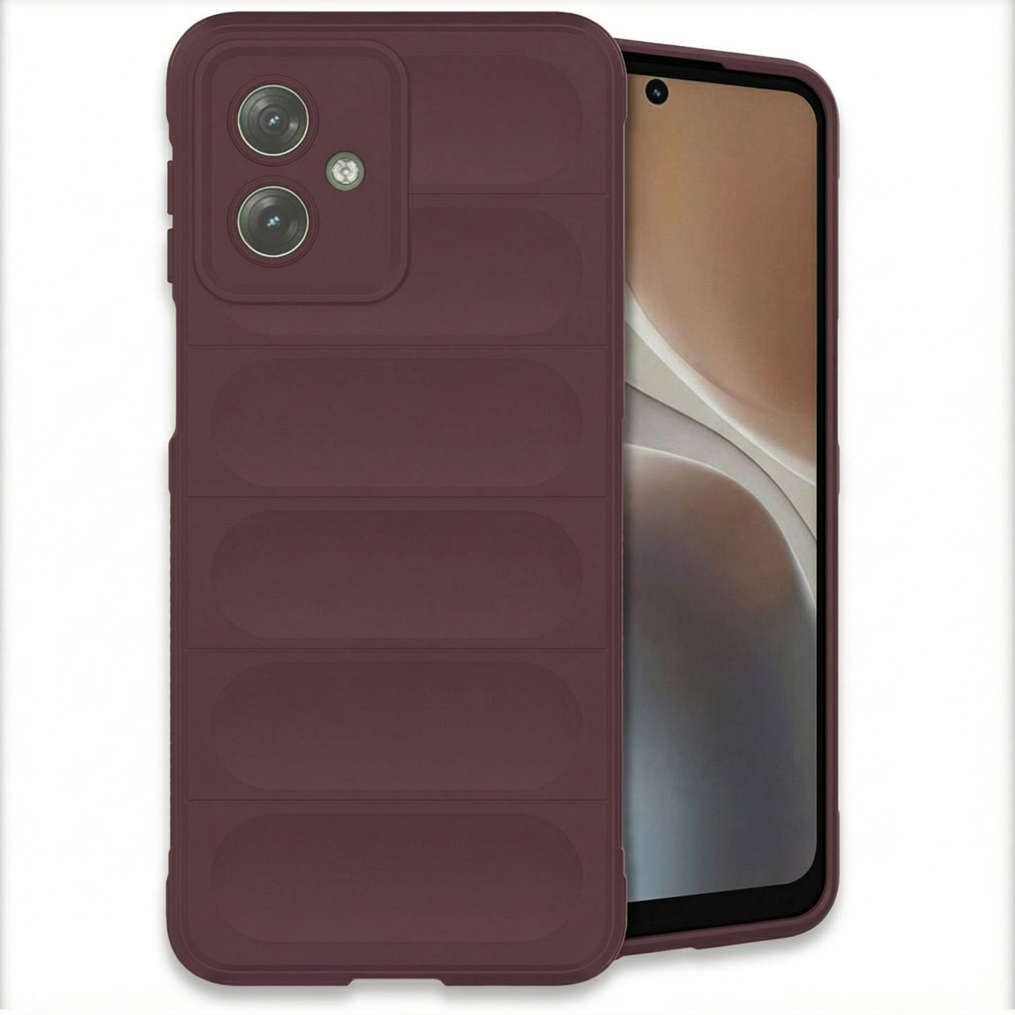 Donkerrode telefoonhoes met gewatteerde textuur en twee camera's. Een smartphone ernaast.