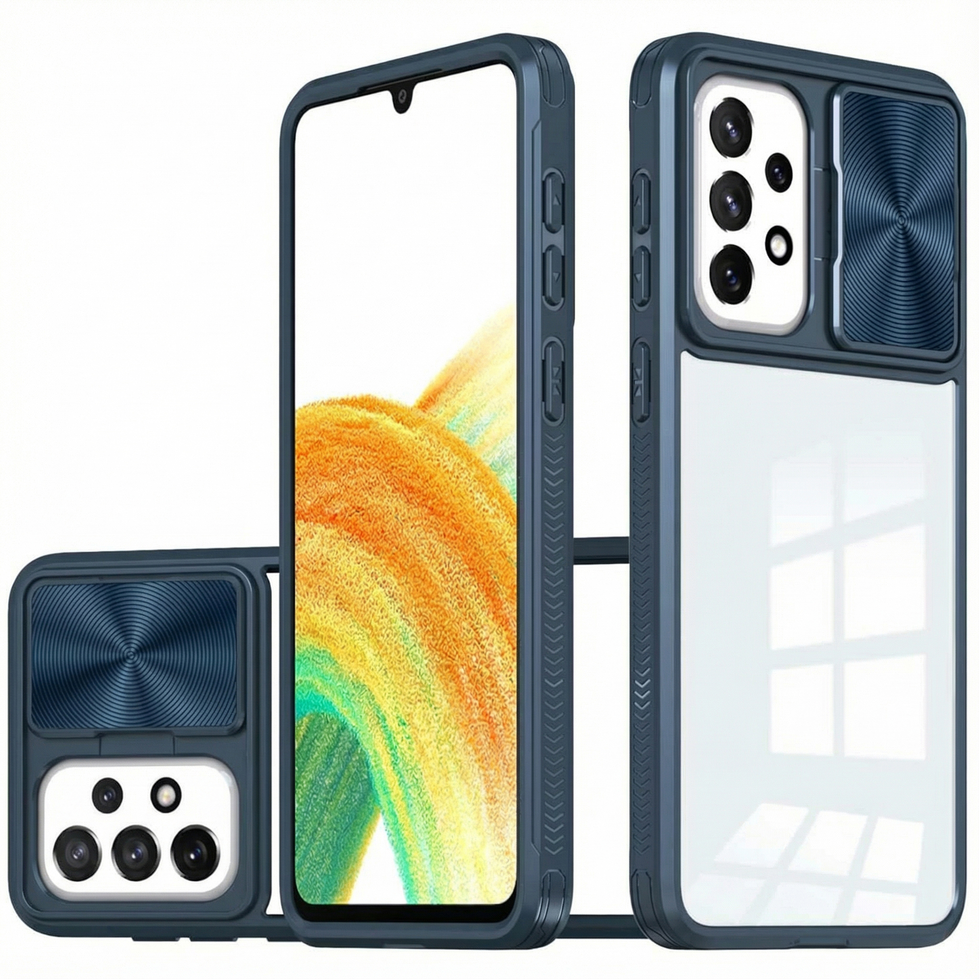 Drie donkerblauwe telefoonhoesjes met cameralensbescherming en doorzichtige achterkant.