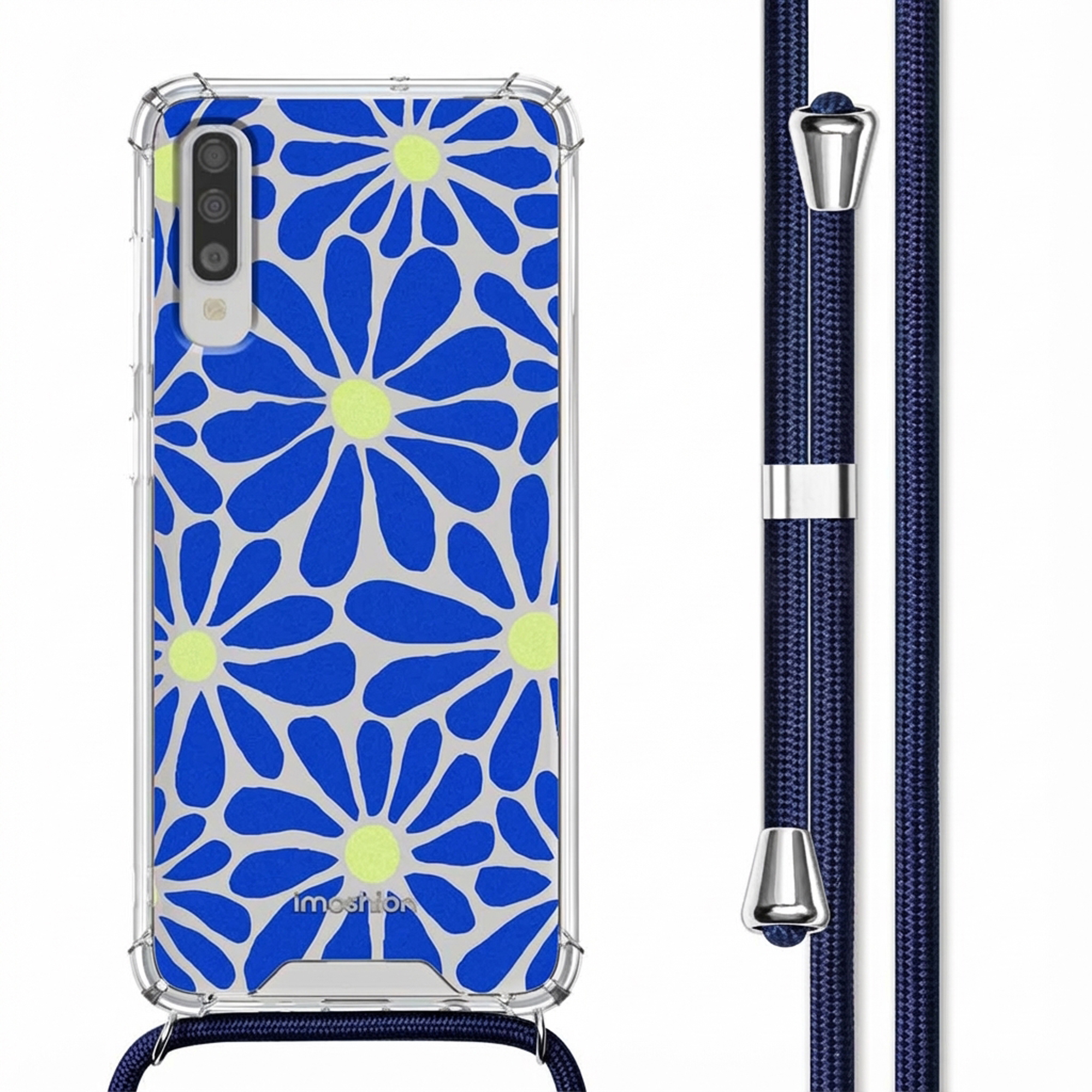Coque transparente à motif floral bleu et jaune, à côté d'une lanière bleue.