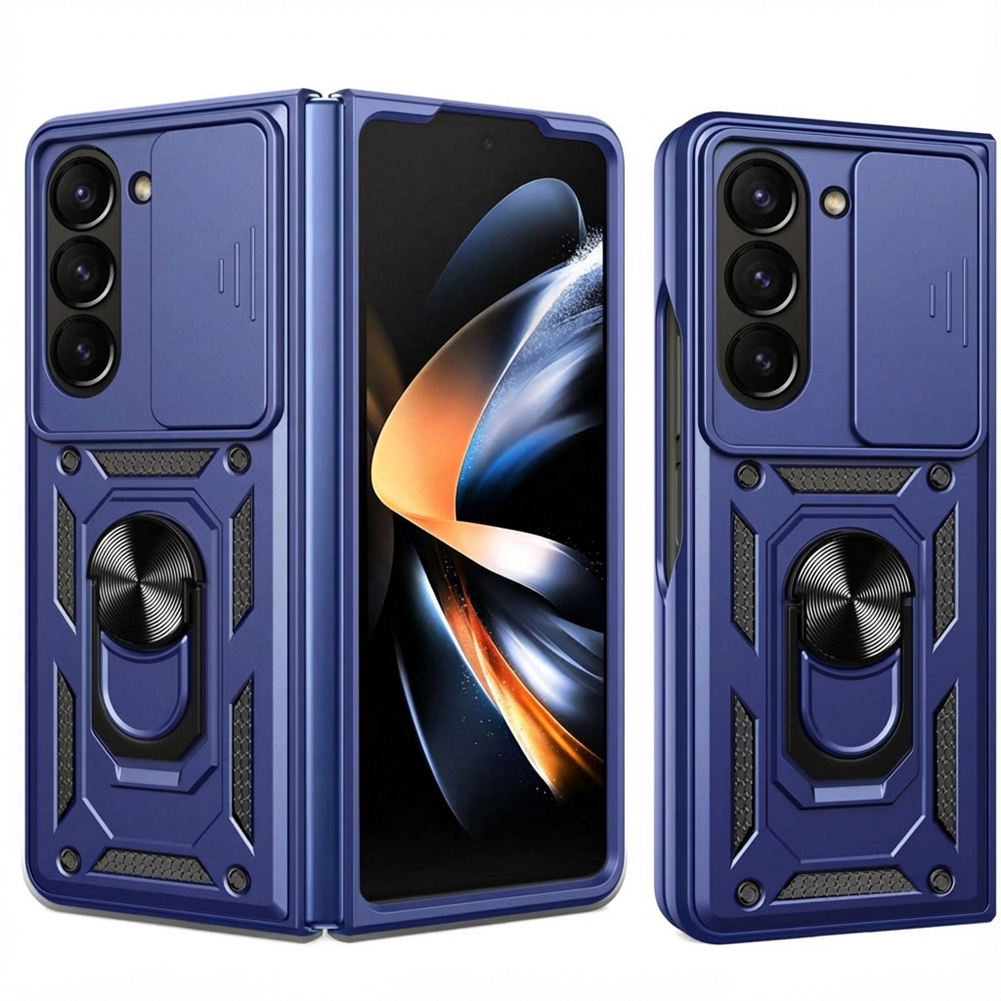 Blauw opvouwbaar telefoonhoesje met drievoudige camera, ringhouder en getextureerde accenten.