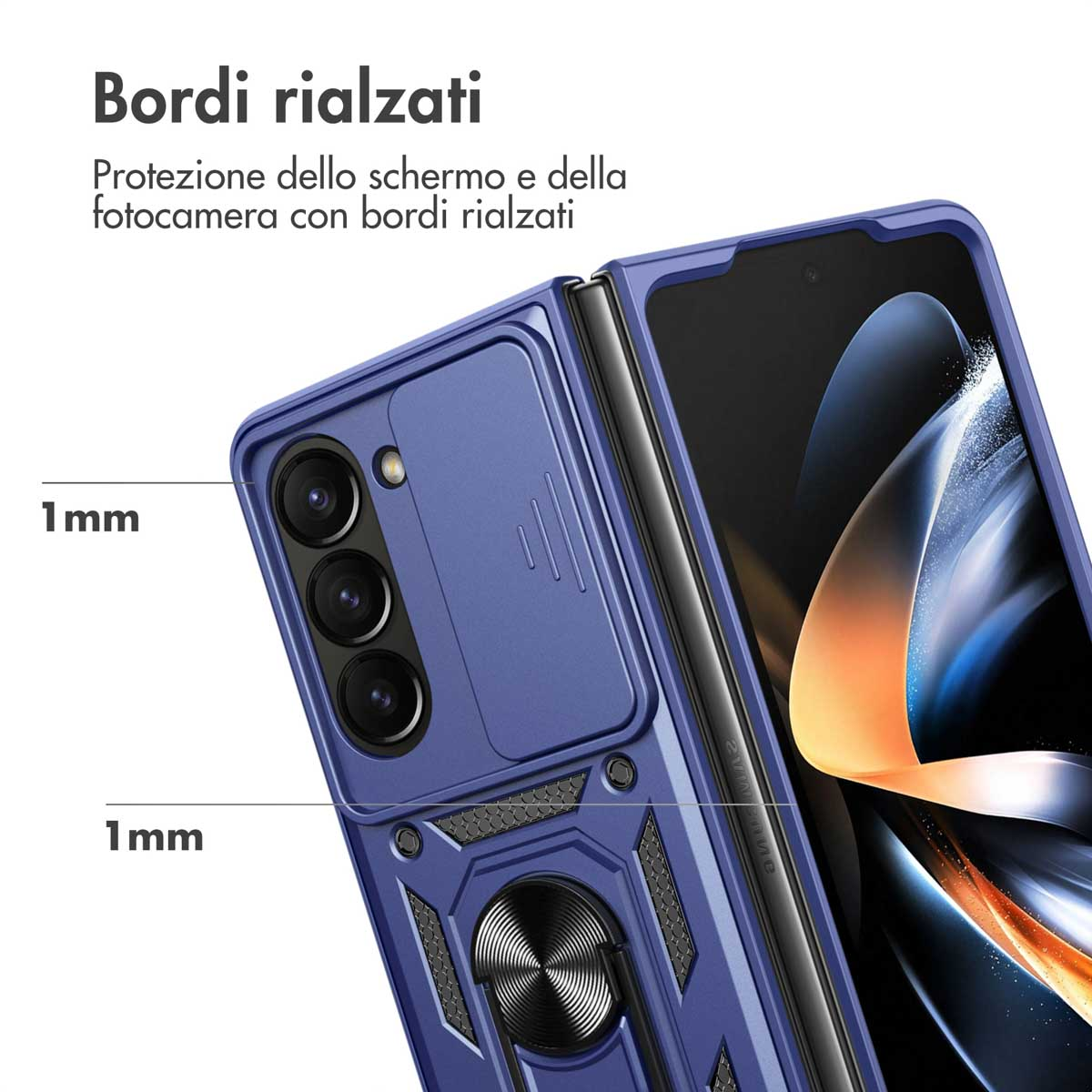 Blauw telefoonhoesje met verhoogde randen, cameraklep en ringhouder.