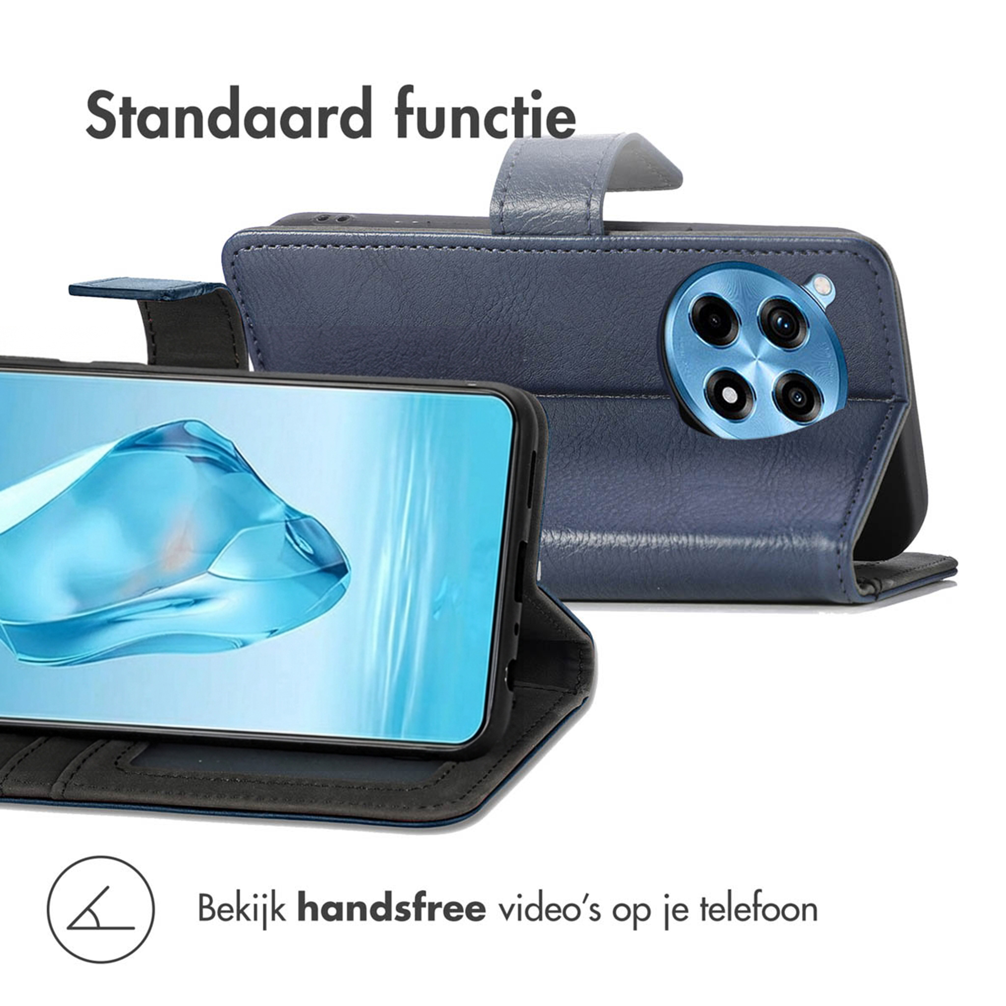 Een blauwe telefoonhoes als standaard voor een smartphone die video toont.