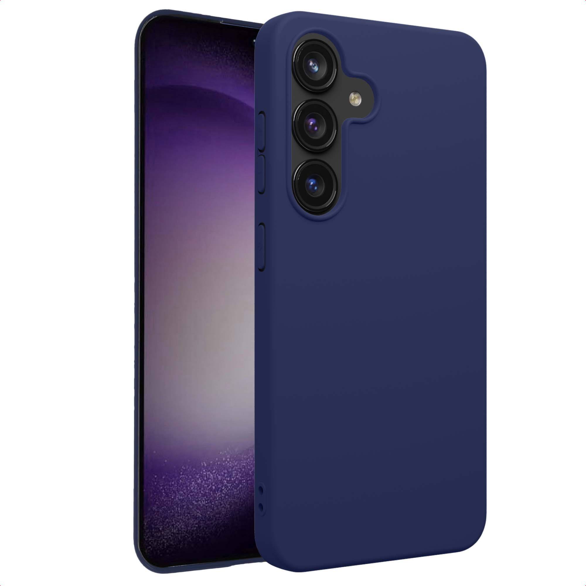 Coque de téléphone bleu foncé avec trois objectifs d'appareil photo et flash.