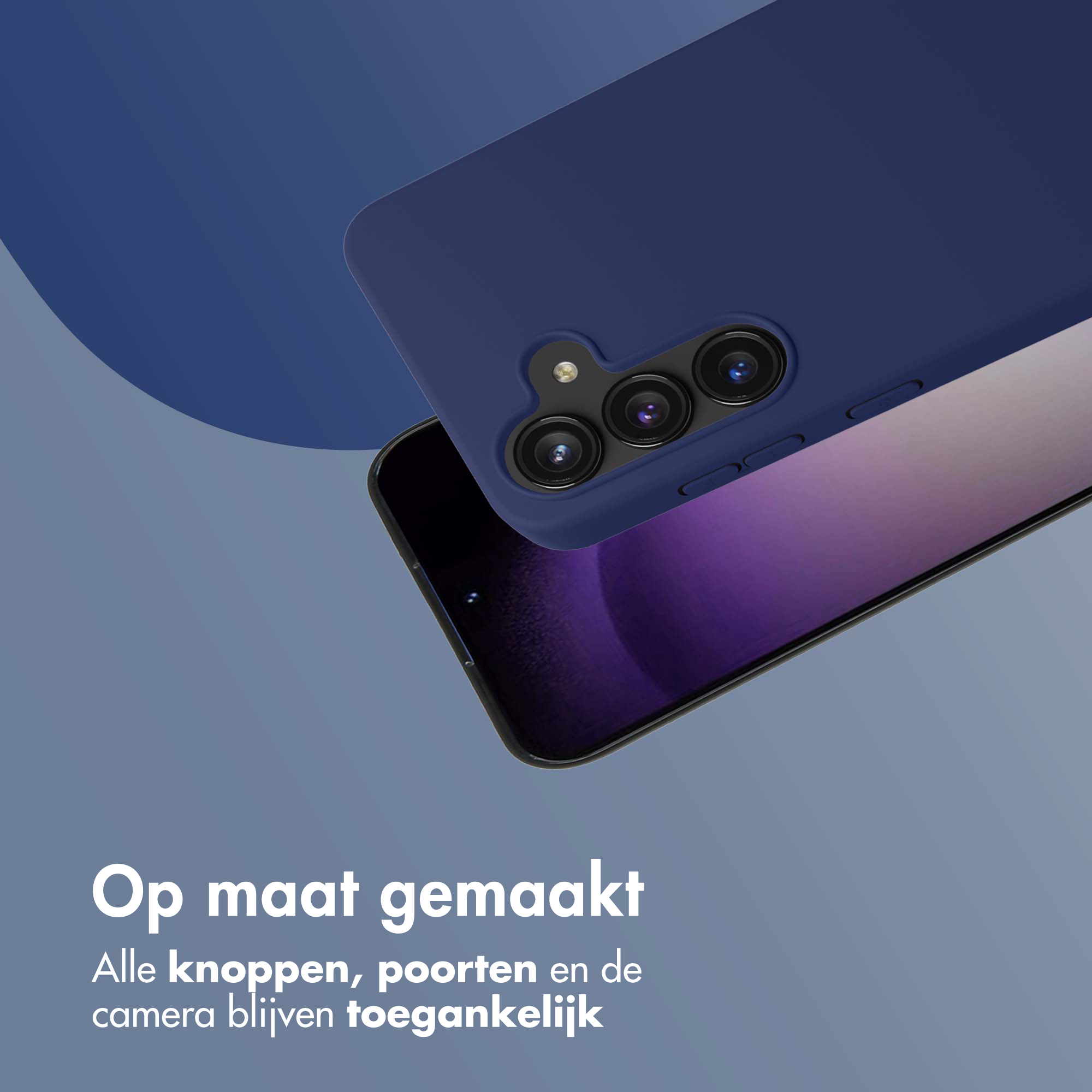 Coque de téléphone bleu foncé sur un smartphone à écran violet.