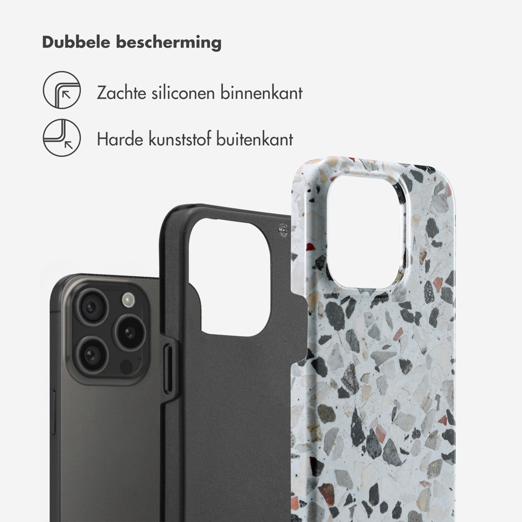 Un smartphone avec une coque à motif terrazzo et une coque noire.