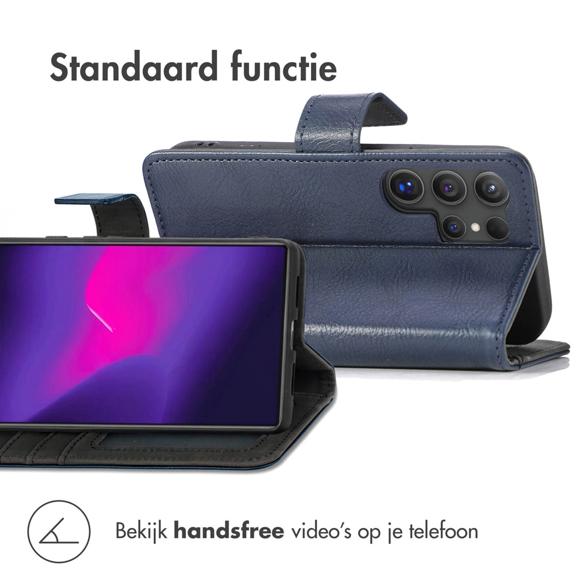 Blauw telefoonhoesje met standaardfunctie en smartphone met paars/roze scherm.