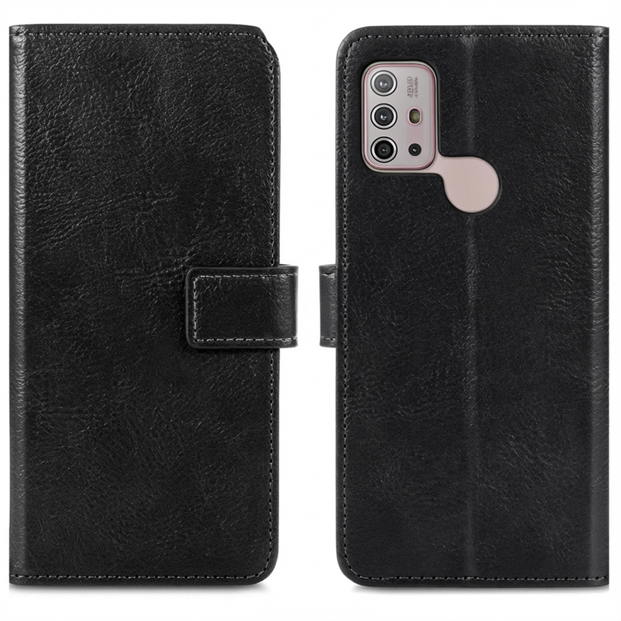 Zwarte lederen flipcase voor smartphone met 48MP camera aan de achterkant.