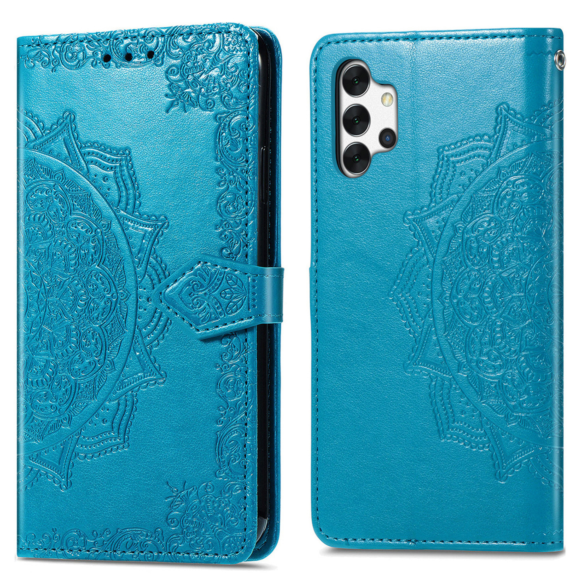 Turquoise telefoonhoes met reliëf mandalapatroon, open en gesloten getoond.