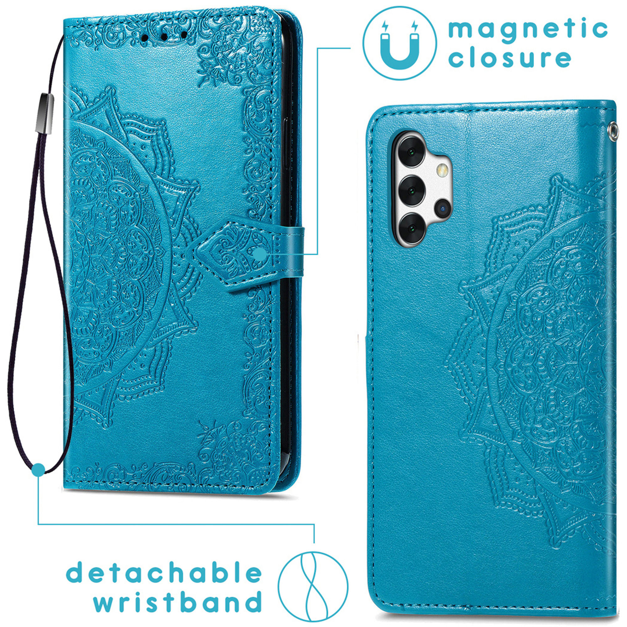 Blauw telefoonhoesje met reliëf mandala, afneembare polsband en magnetische sluiting.