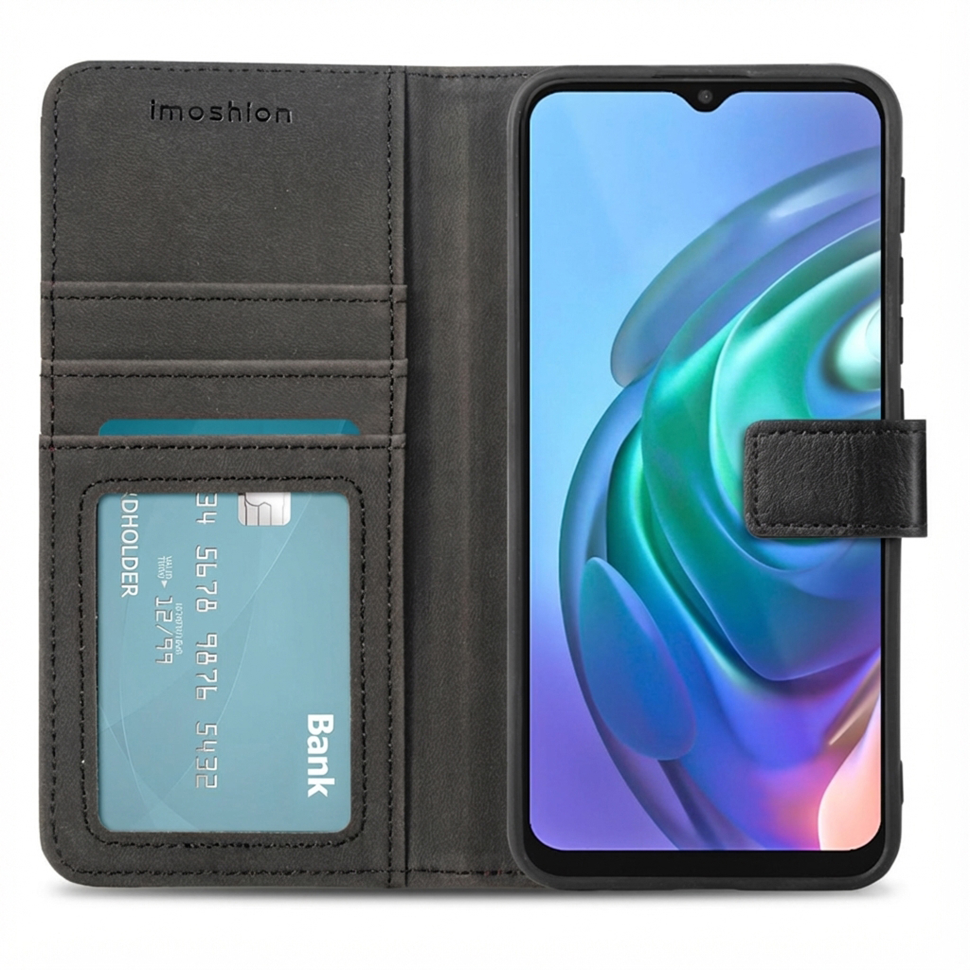 Zwarte leren flipcase met kaarthouder en telefoon erin.