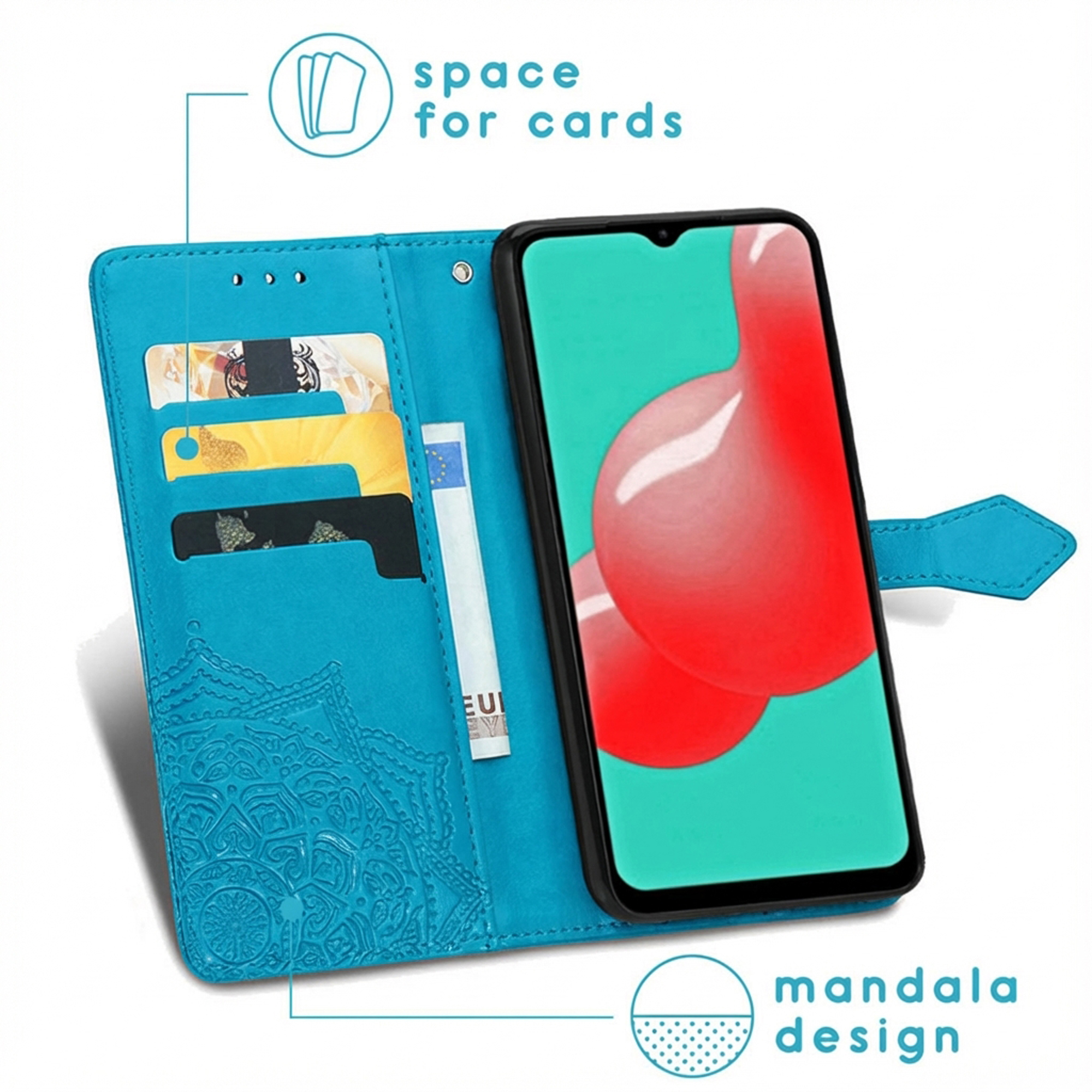 Turquoise portemonnee telefoonhoes met kaartsleuven, telefoon en mandala-ontwerp.