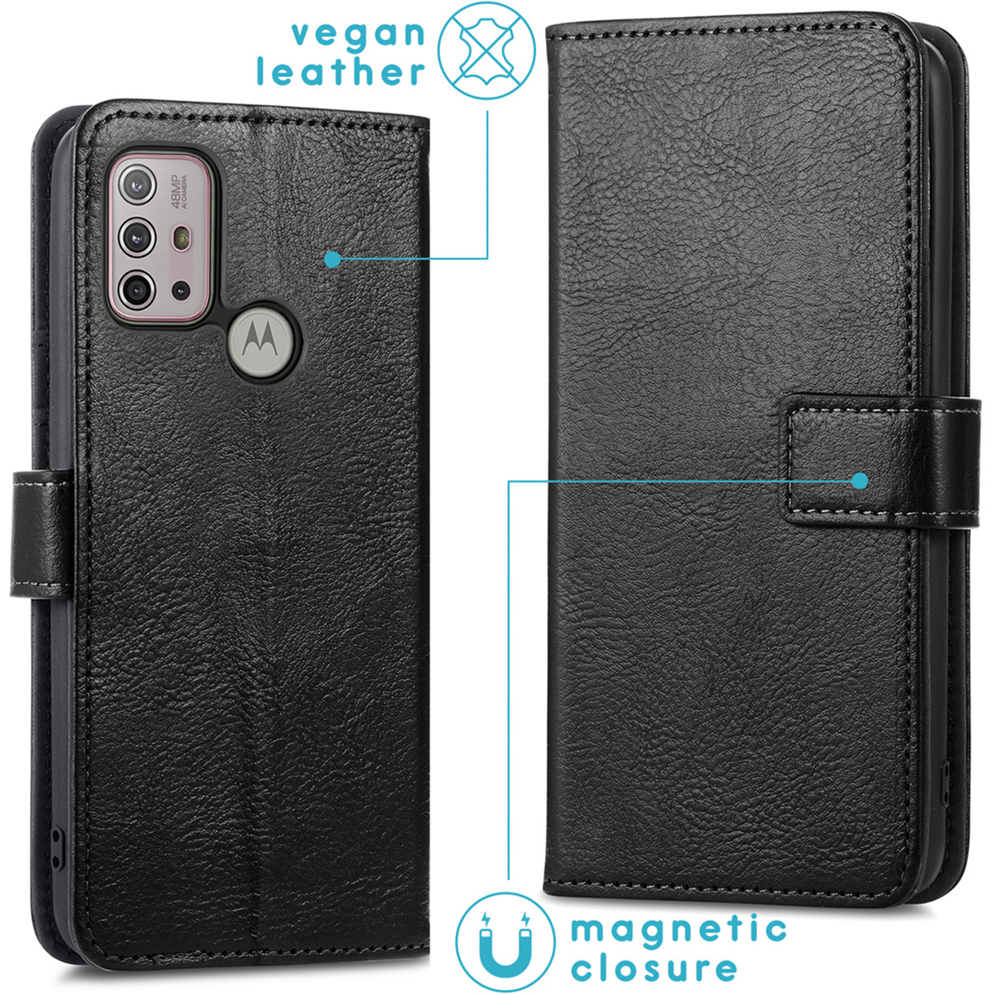 Zwarte vegan leren telefoonhoes met magnetische sluiting.