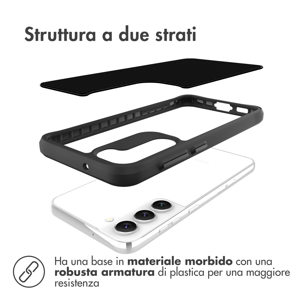 Tweeklaagse structuur: zwart frame, zwarte inzet, witte smartphone.