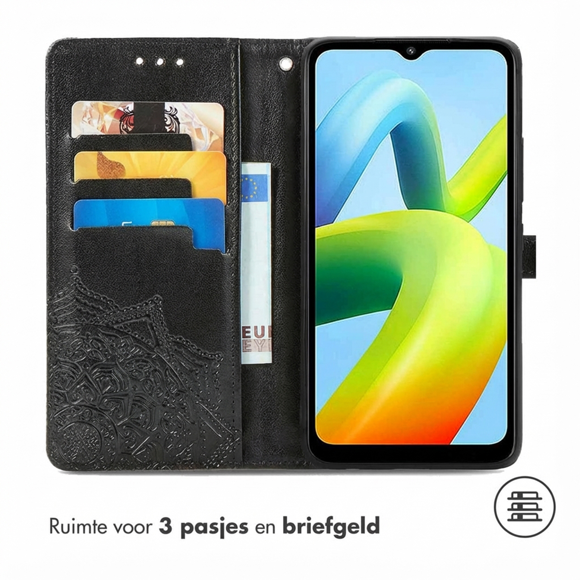 Zwarte telefoonportemonnee met kaarthouders en een telefoon.