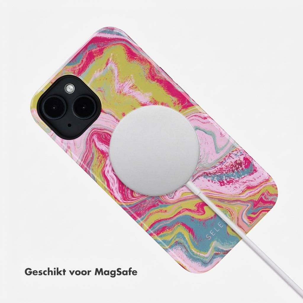 Kleurrijk marmeren iPhone met MagSafe oplader en kabel.