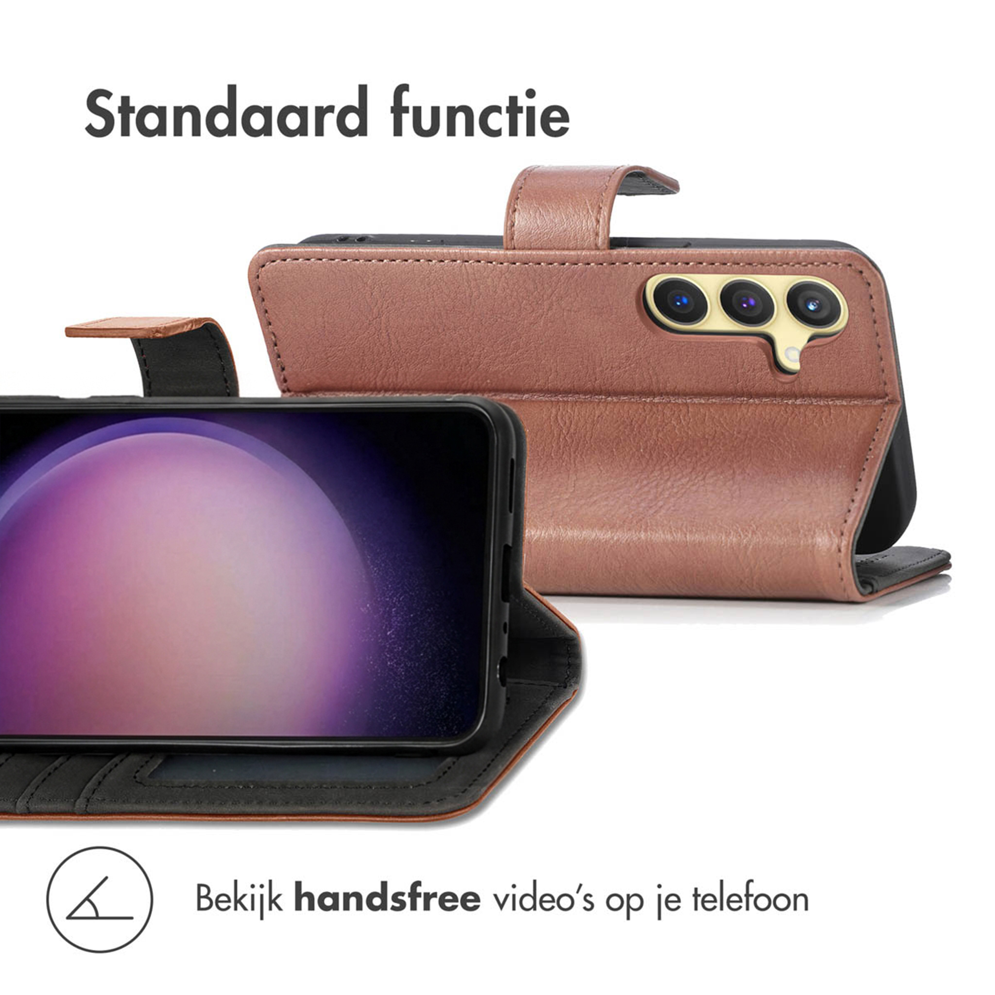Bruine telefoonhoes open, scherm en cameralens zichtbaar. Geeft handsfree functie aan.