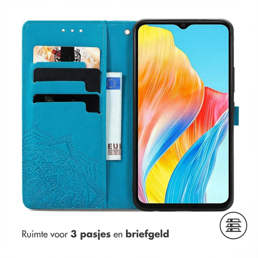Une coque de téléphone turquoise avec un motif mandala, contenant trois cartes et un billet de banque, à côté d'un smartphone.