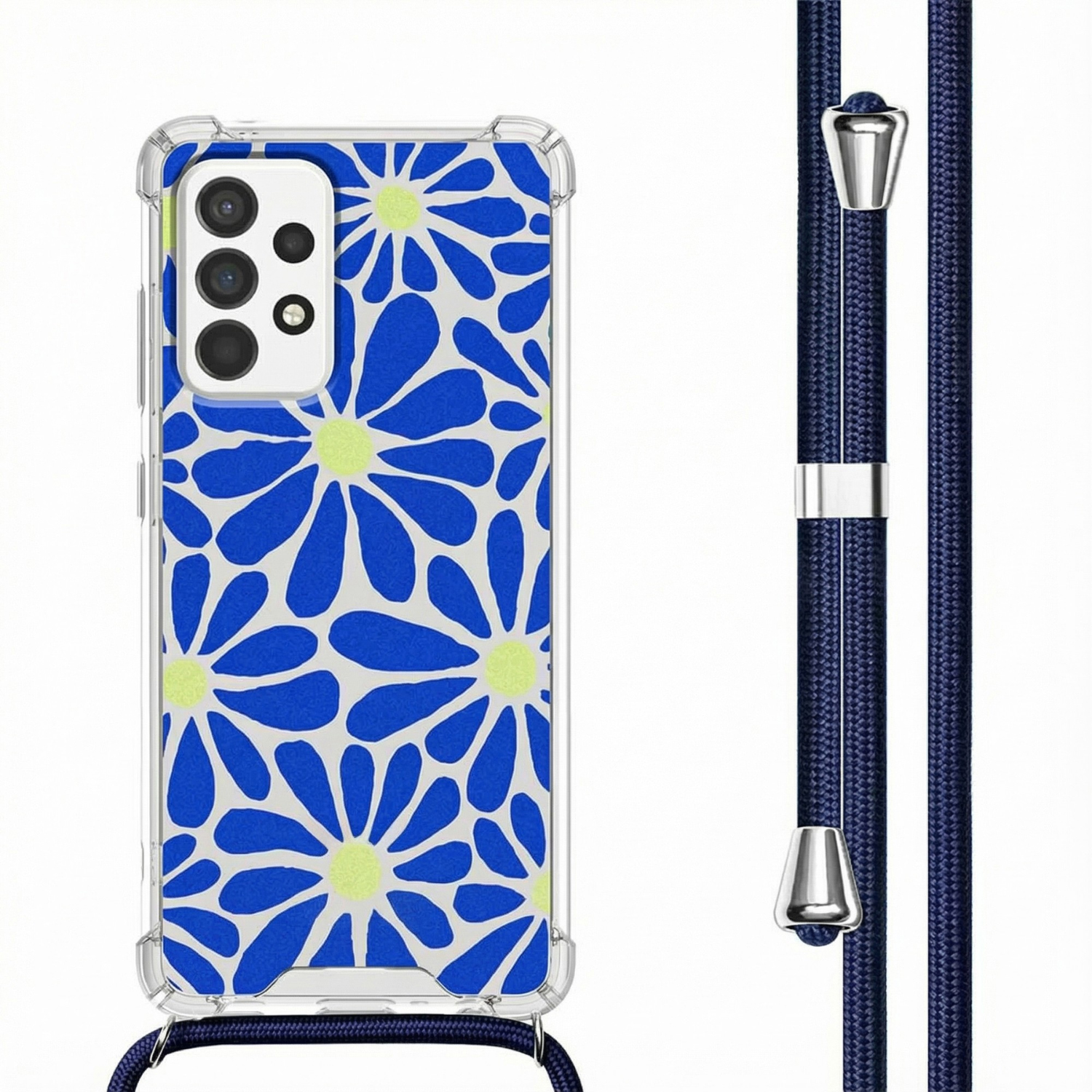Transparante hoes met blauw-gele bloemen en donkerblauw koord.