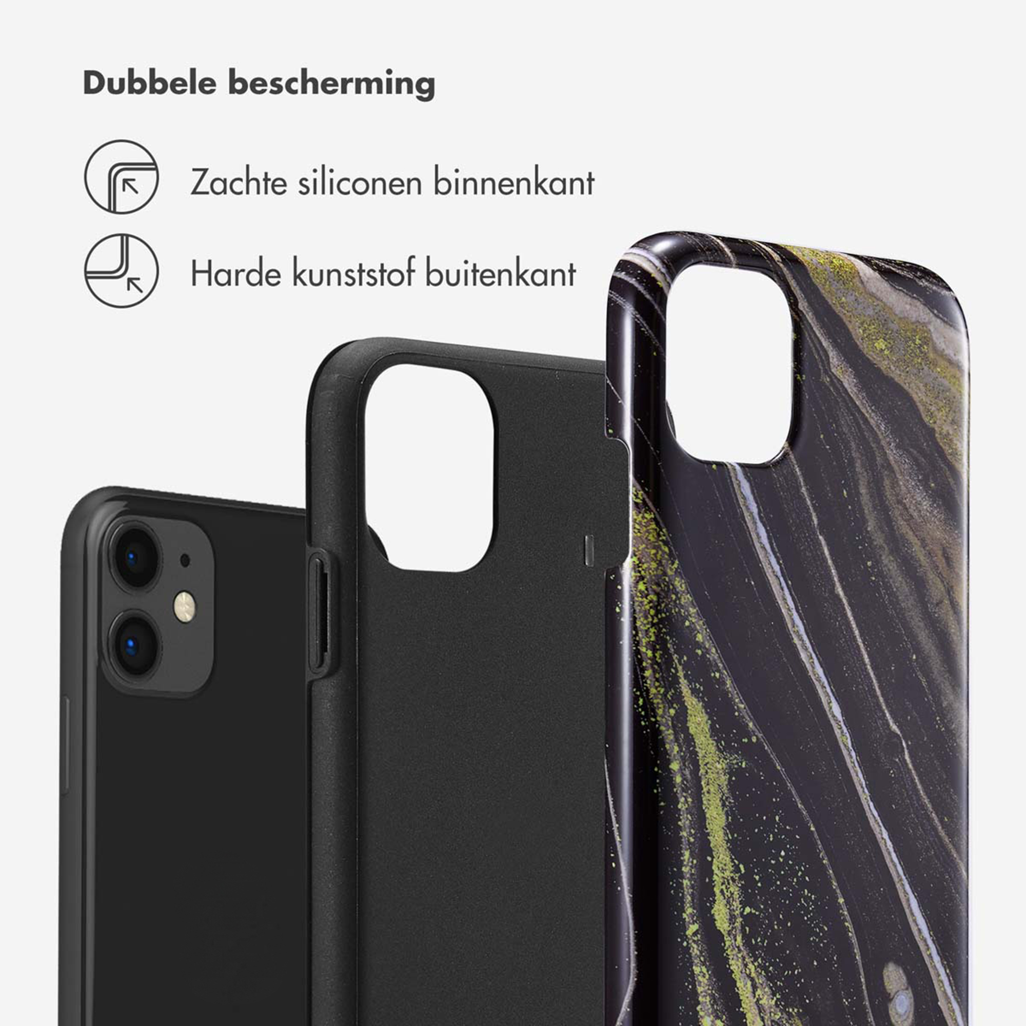 Zwarte telefoon met marmerpatroon hoes en twee andere hoezen.