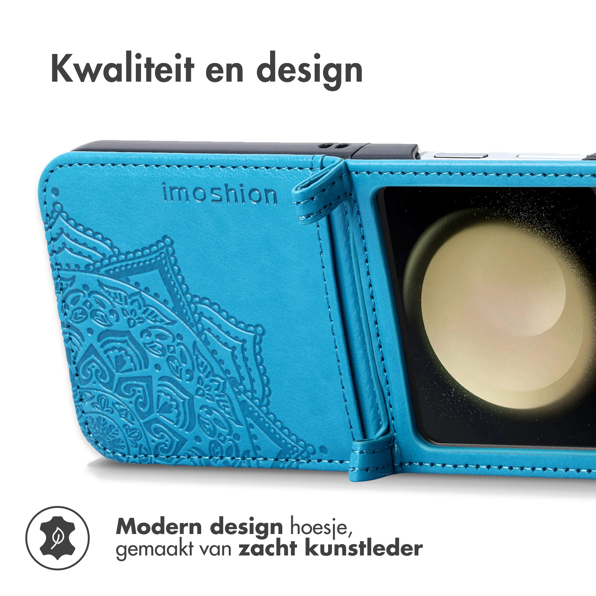 Étui de téléphone bleu en similicuir avec motif mandala en relief et logo "imoshion".