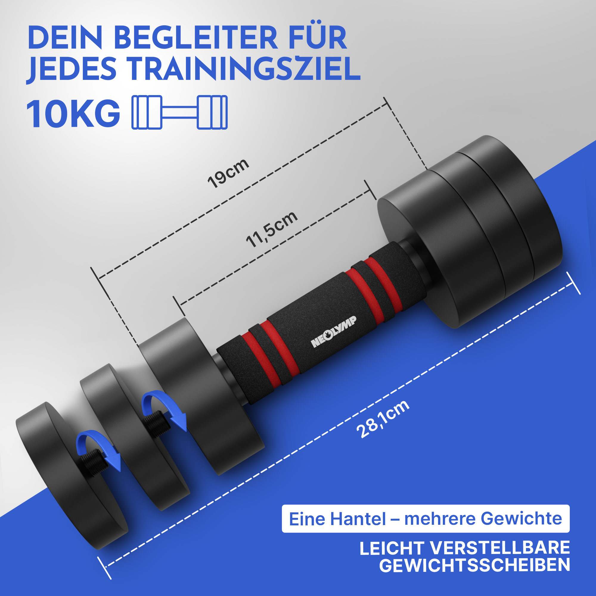 Verstellbare Hantel mit 10kg Gewicht, Maße 28,1cm Länge. Schwarze Gewichte.