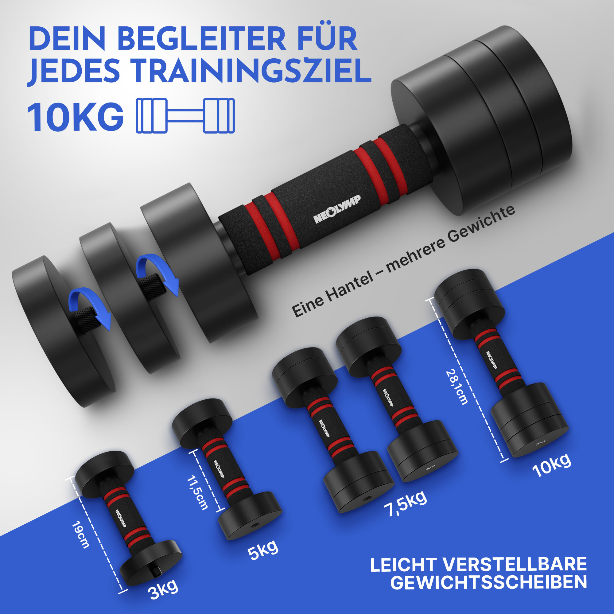Verstellbare Hanteln in verschiedenen Gewichten (3kg-10kg) mit Griff.
