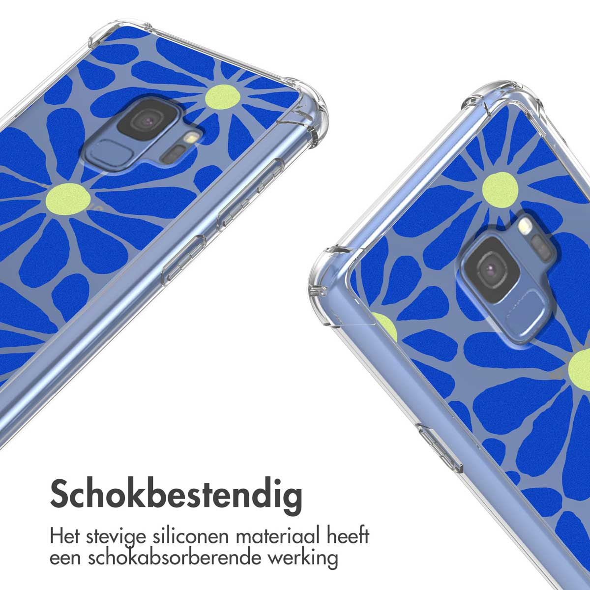 Deux coques de téléphone transparentes avec motif floral bleu et centres jaunes sur fond blanc.