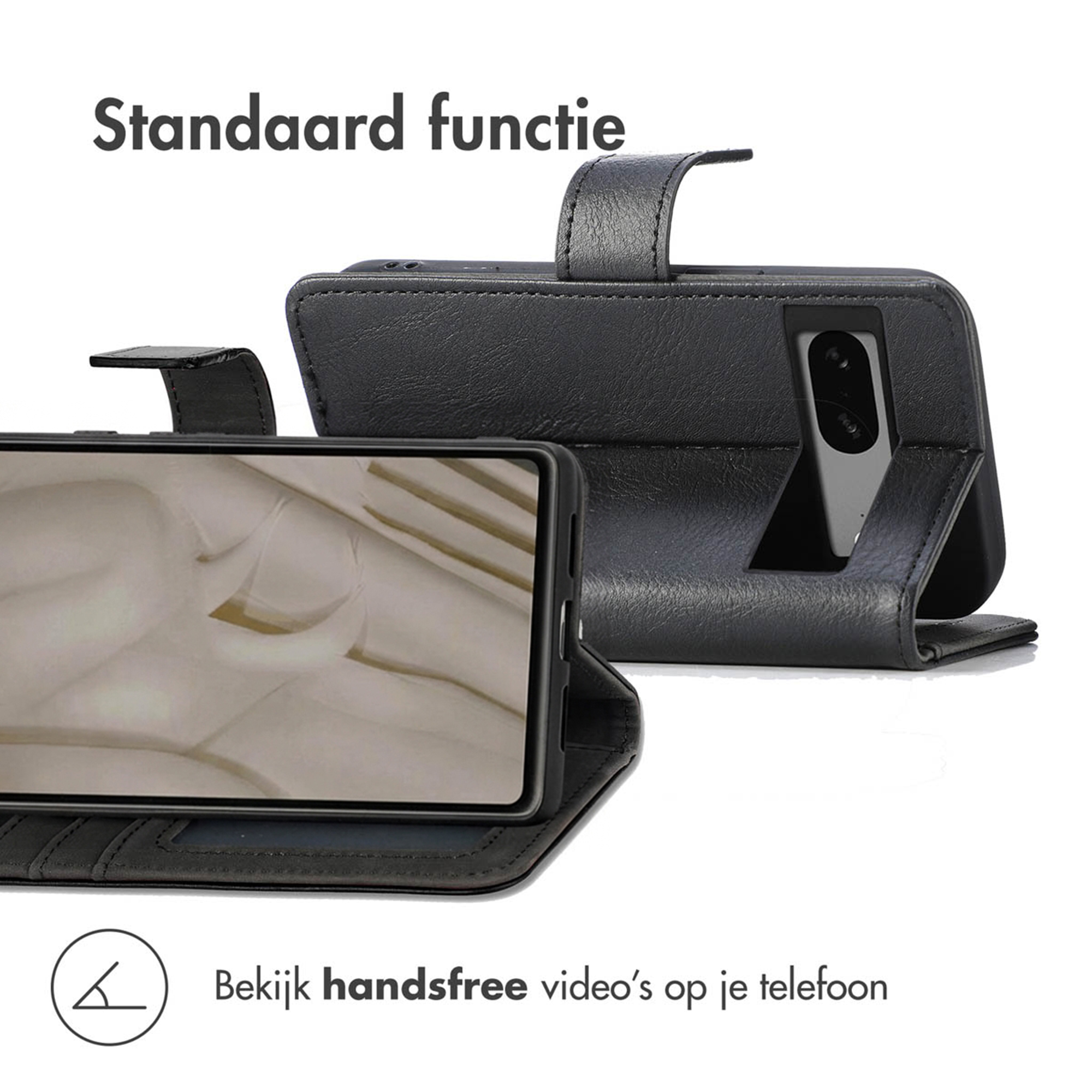 Étui de téléphone noir avec support intégré pour regarder des vidéos mains libres.
