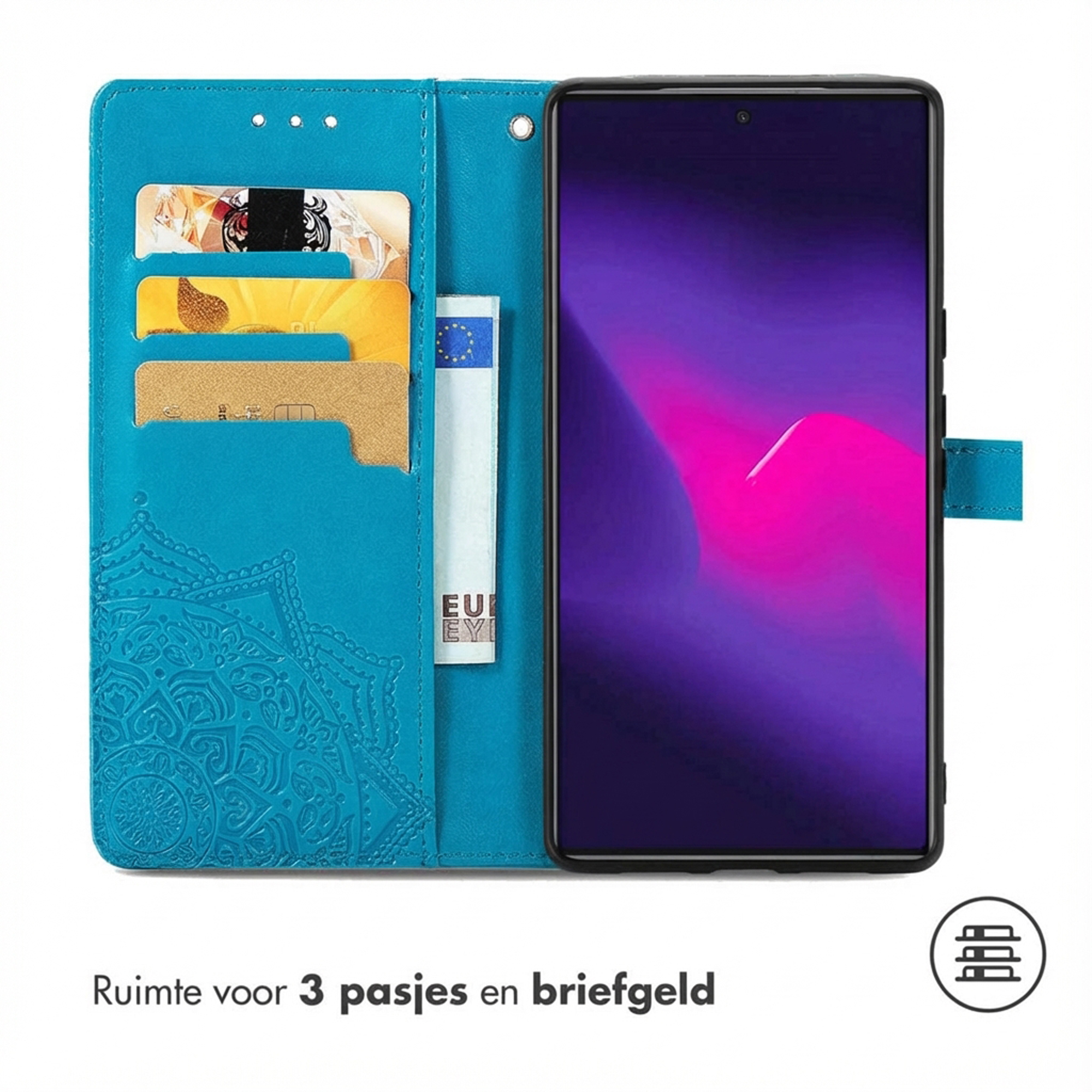 Un étui portefeuille turquois pour smartphone avec fentes pour cartes.