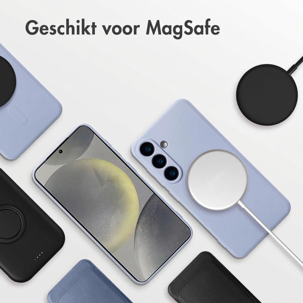 Een smartphone met MagSafe-oplader en hoesjes op witte achtergrond.